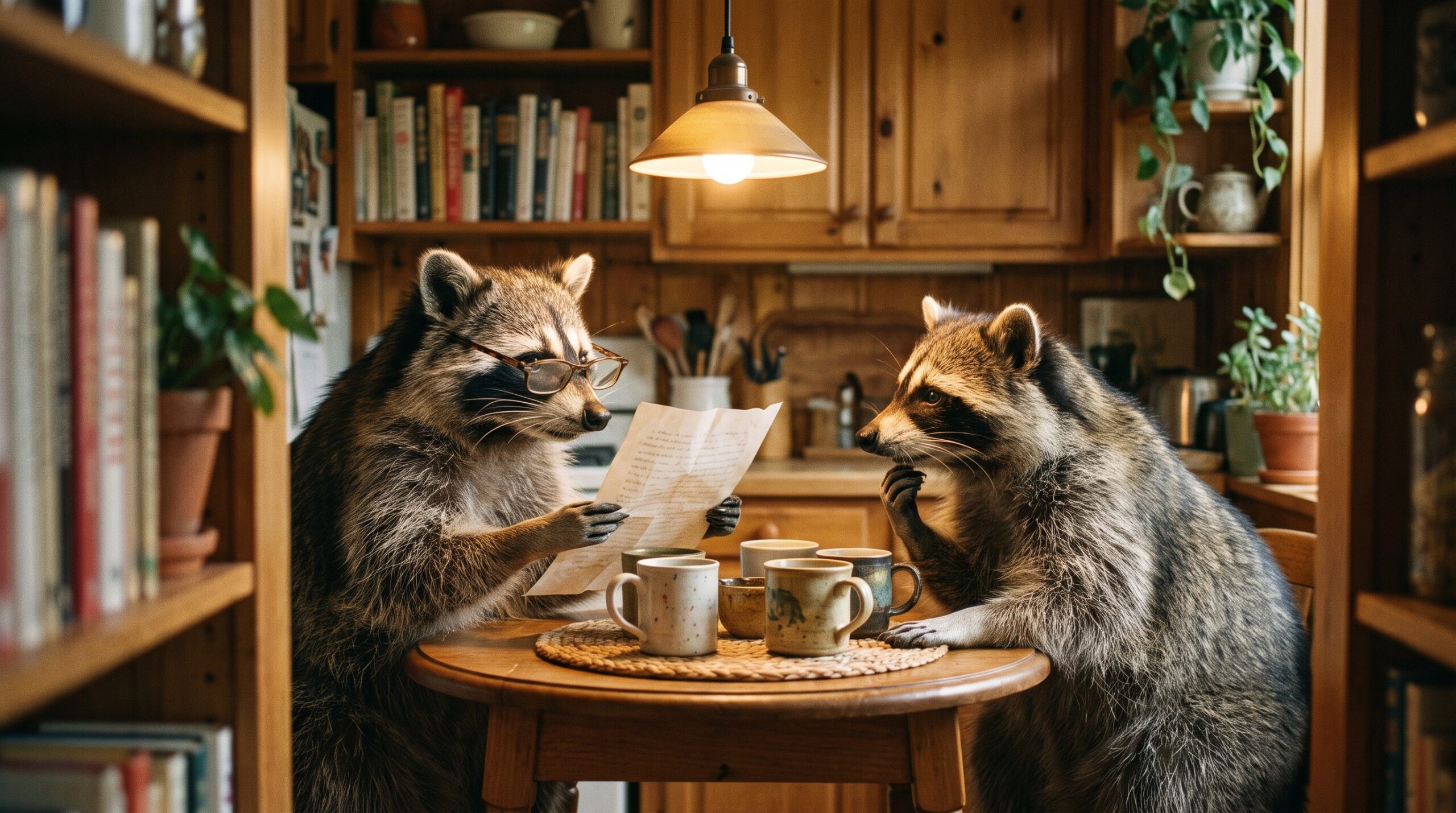 Waschbär liest einer Mutter-Waschbärin am Küchentisch ein Gedicht vor