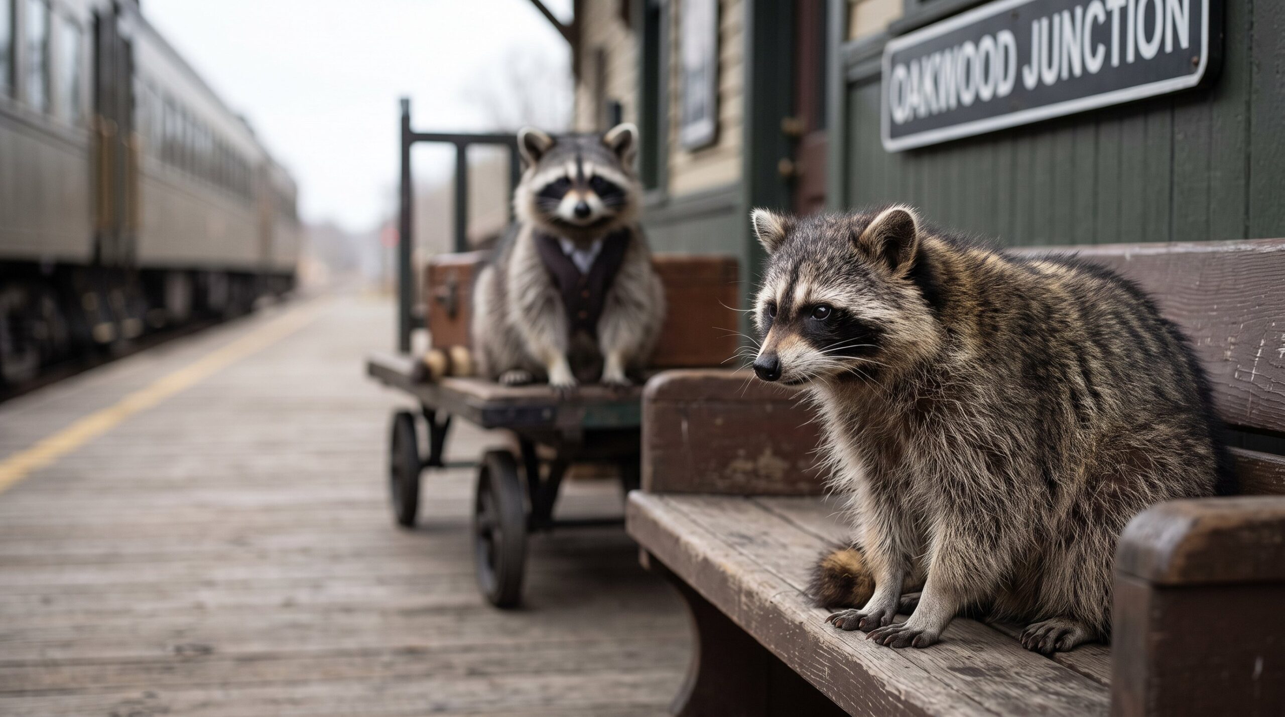 Waschbär beobachtet aus der Ferne einen eleganten anderen Waschbär auf dem Bahnsteig