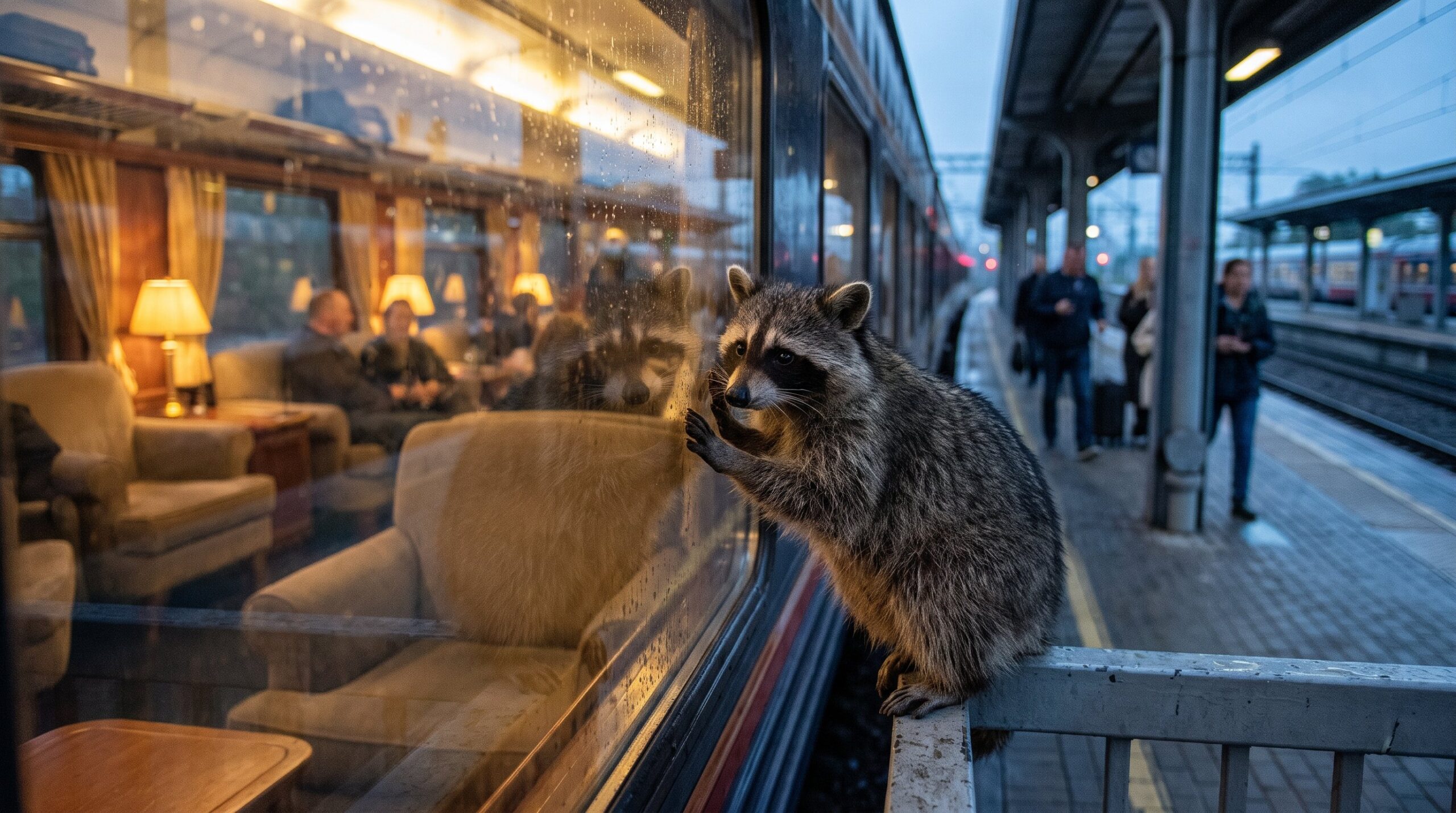 Waschbär blickt vom Bahnsteig in ein komfortables Erste-Klasse-Abteil