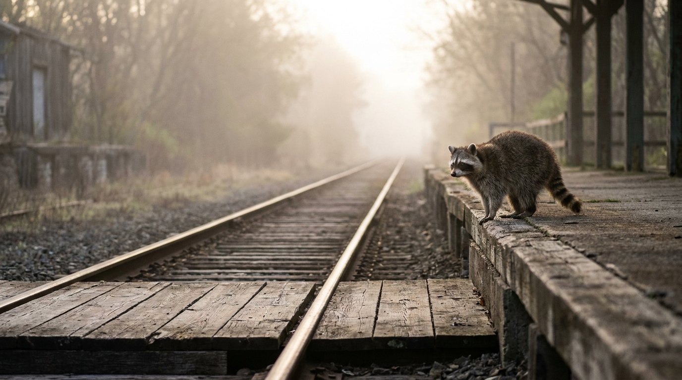 Waschbär allein auf einem leeren Bahnsteig im Morgenlicht