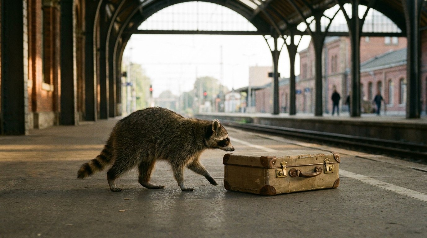 Waschbär mit kleinem Koffer auf einem leeren Bahnsteig