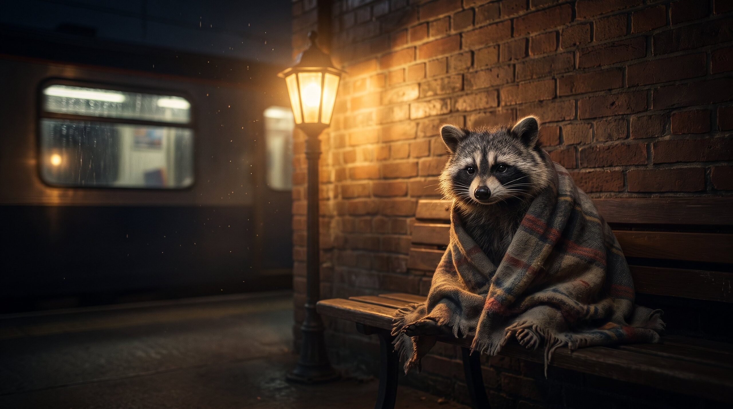 Waschbär in eine Decke gehüllt in einer ruhigen Bahnhofsecke bei Nacht, würdevoll