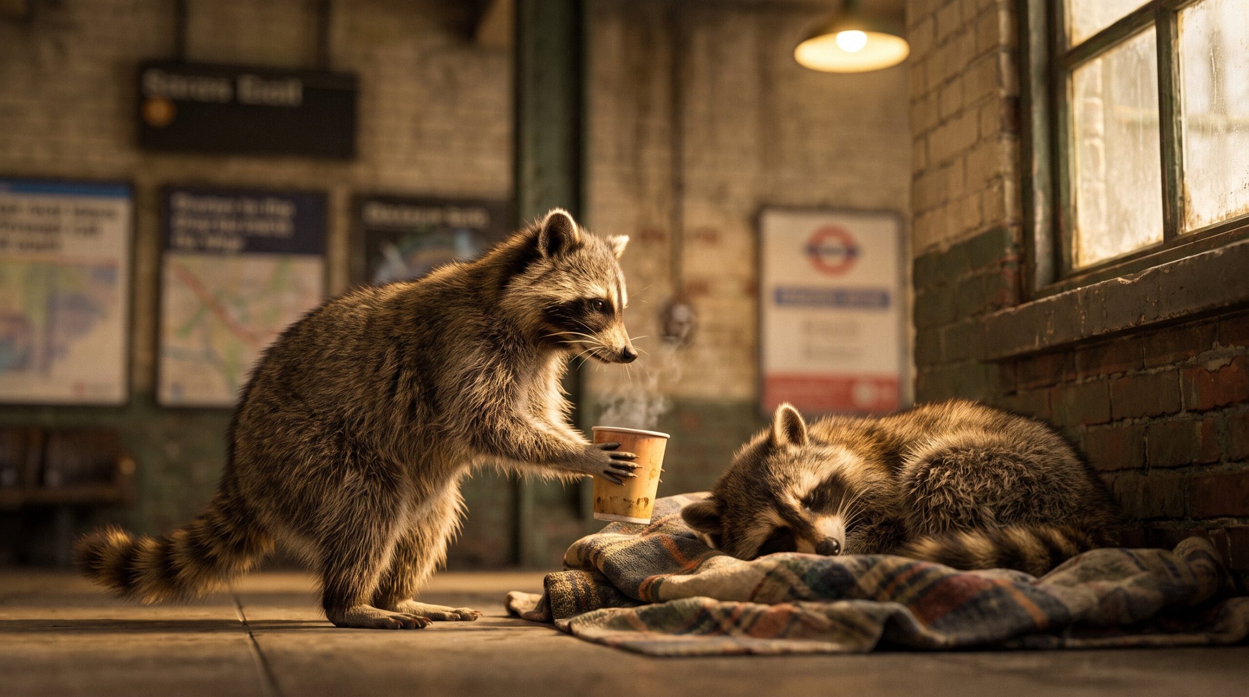 Vorbeigehender Waschbär stellt einem zugedeckten Waschbär einen warmen Becher hin