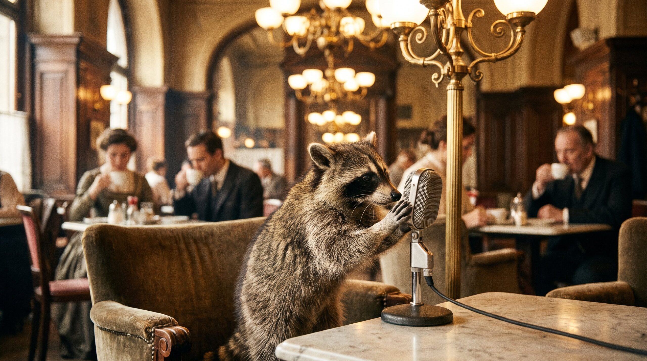 Waschbär am Mikrofon in einem eleganten Wiener Kaffeehaus