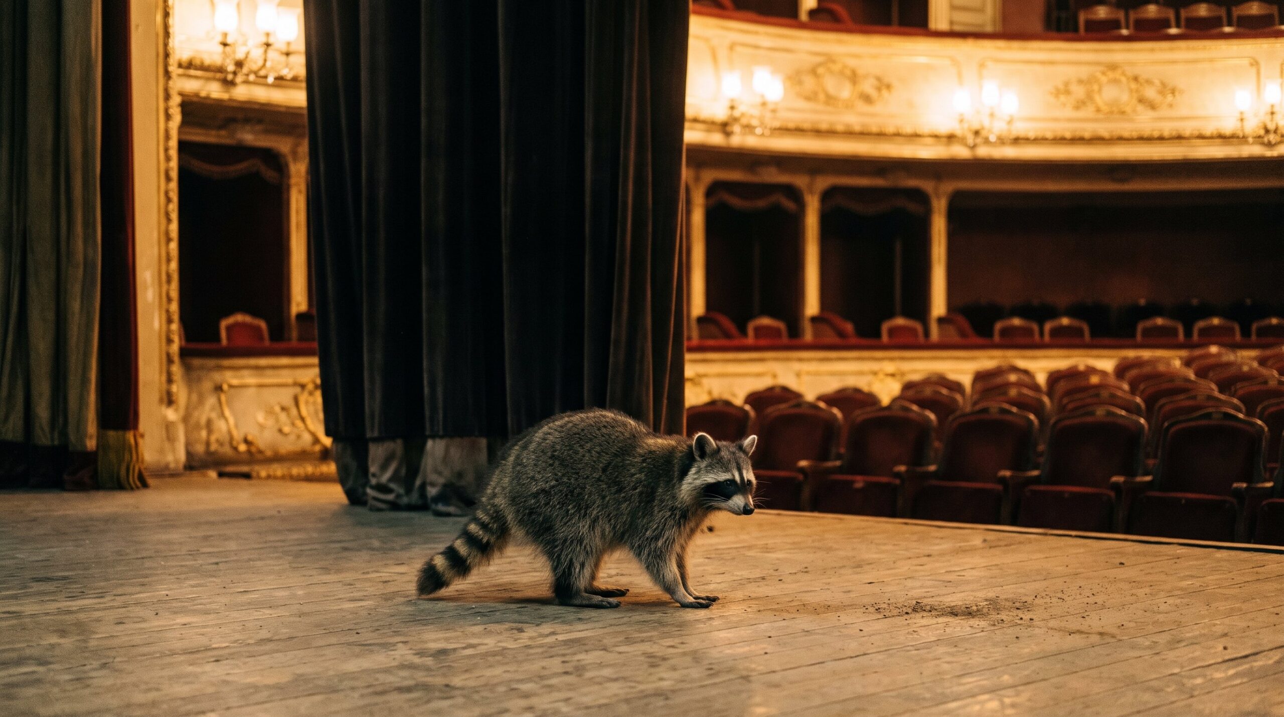 Waschbär auf einer prunkvollen alten Bühne mit Plüschsitzen