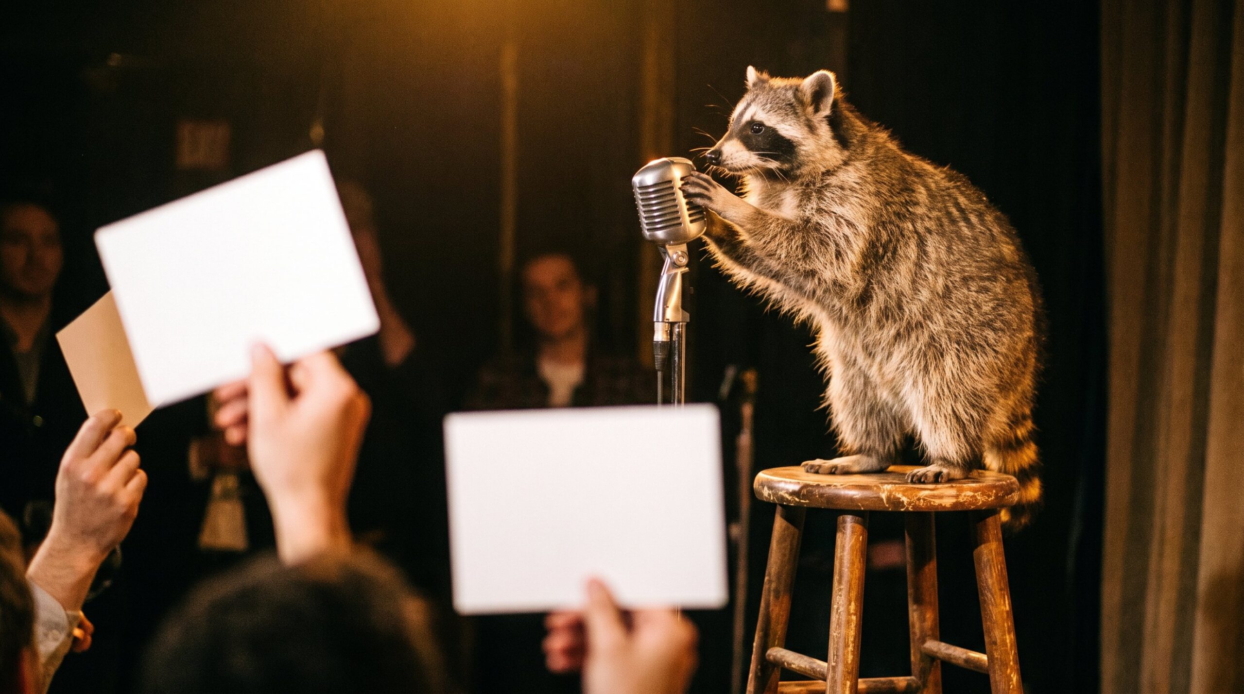 Waschbär am Mikrofon, davor unscharf hochgehaltene Wertungstafeln