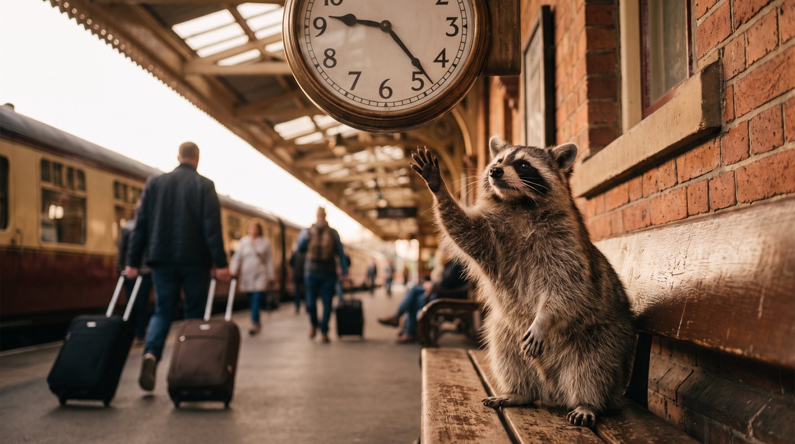 Waschbär sitzt auf einer Bank und spricht gestikulierend mit einer großen alten Bahnhofsuhr