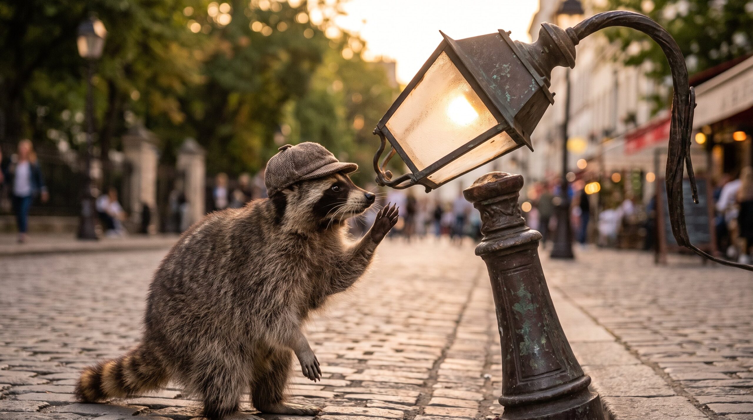 Waschbär lüftet höflich den Hut vor einer Straßenlaterne, die sich ihm zuneigt