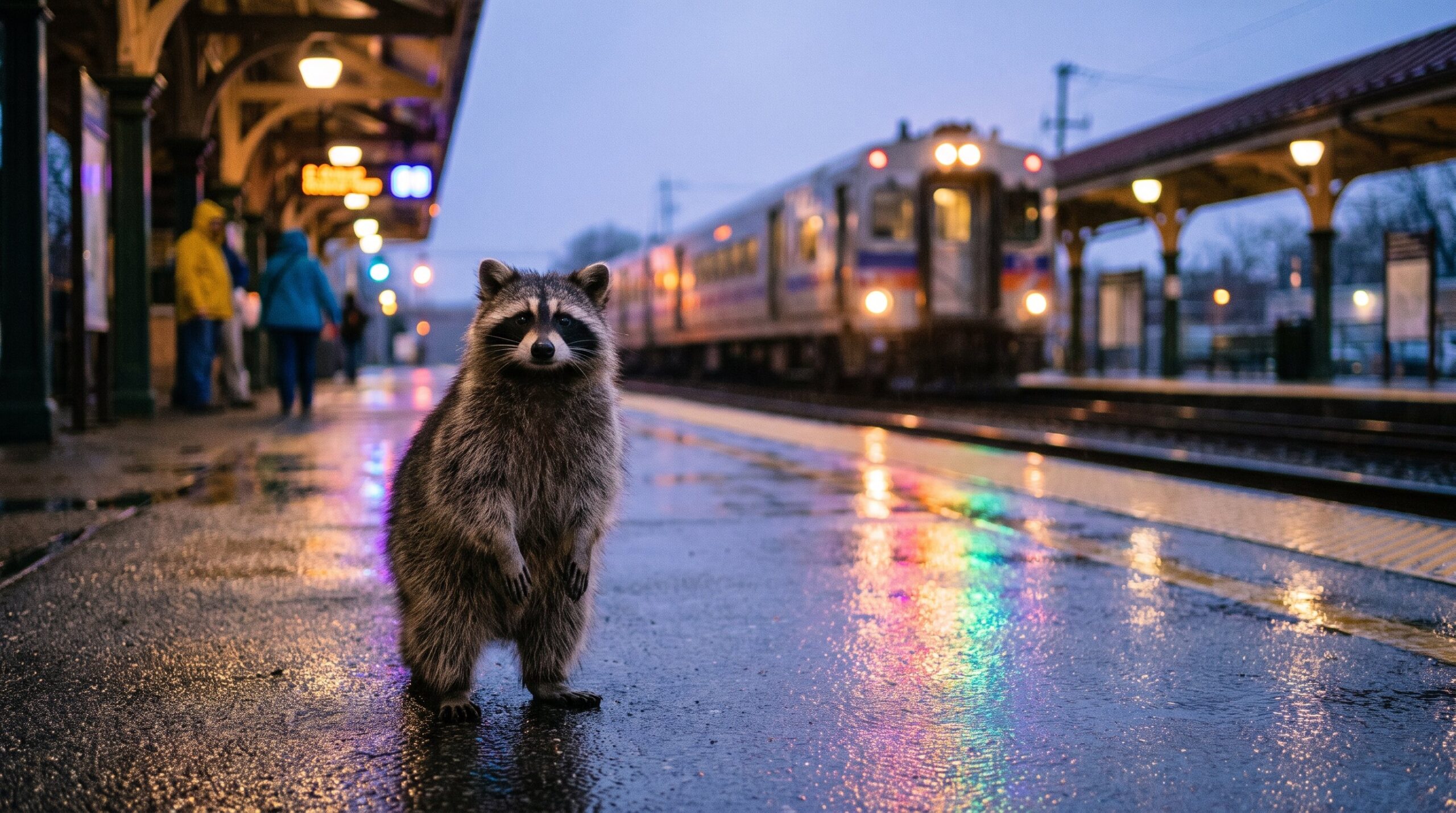 Waschbär steht selbstbewusst im bunten Licht auf dem Bahnsteig, Regenbogen-Spiegelung