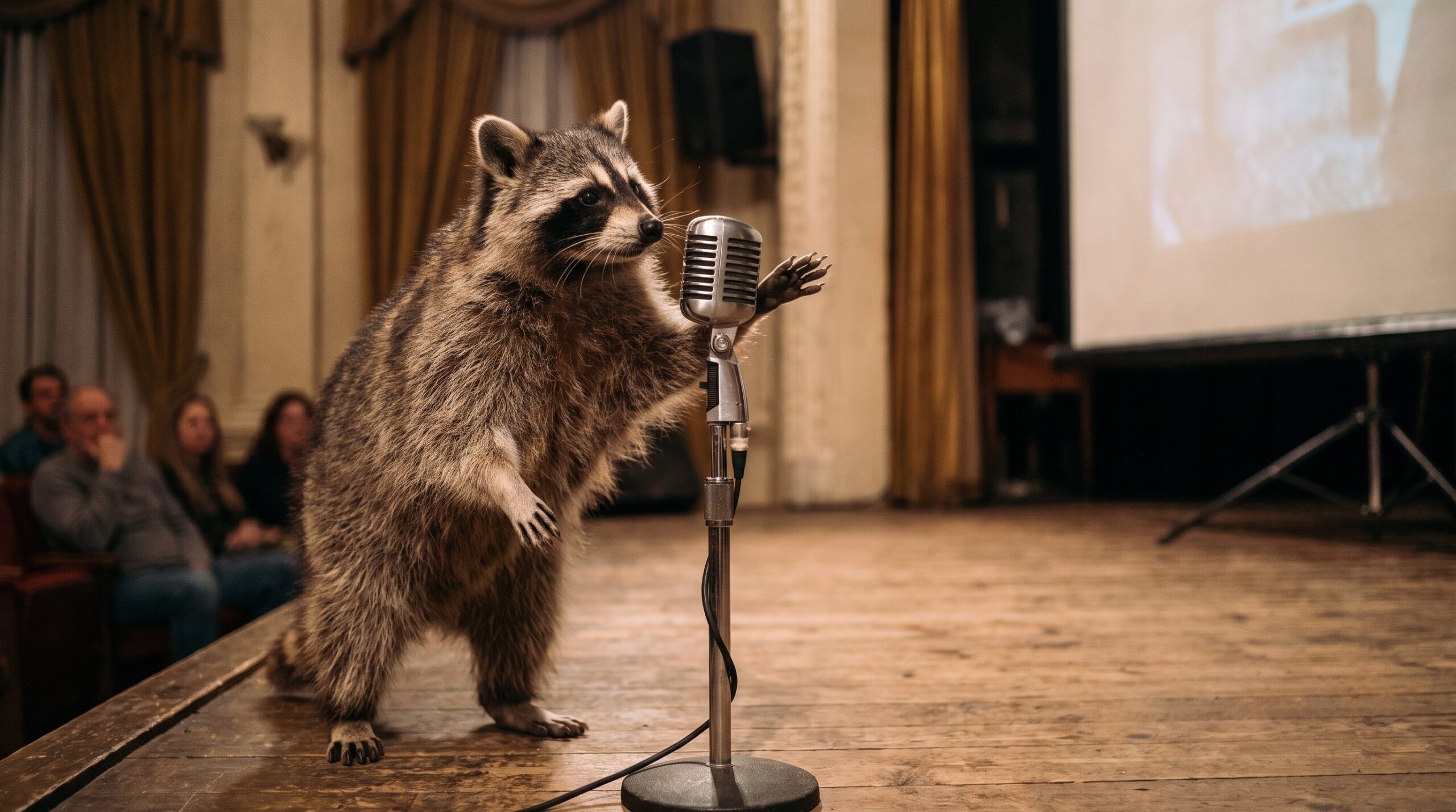 Waschbär am Mikrofon erklärt etwas mit einer Geste