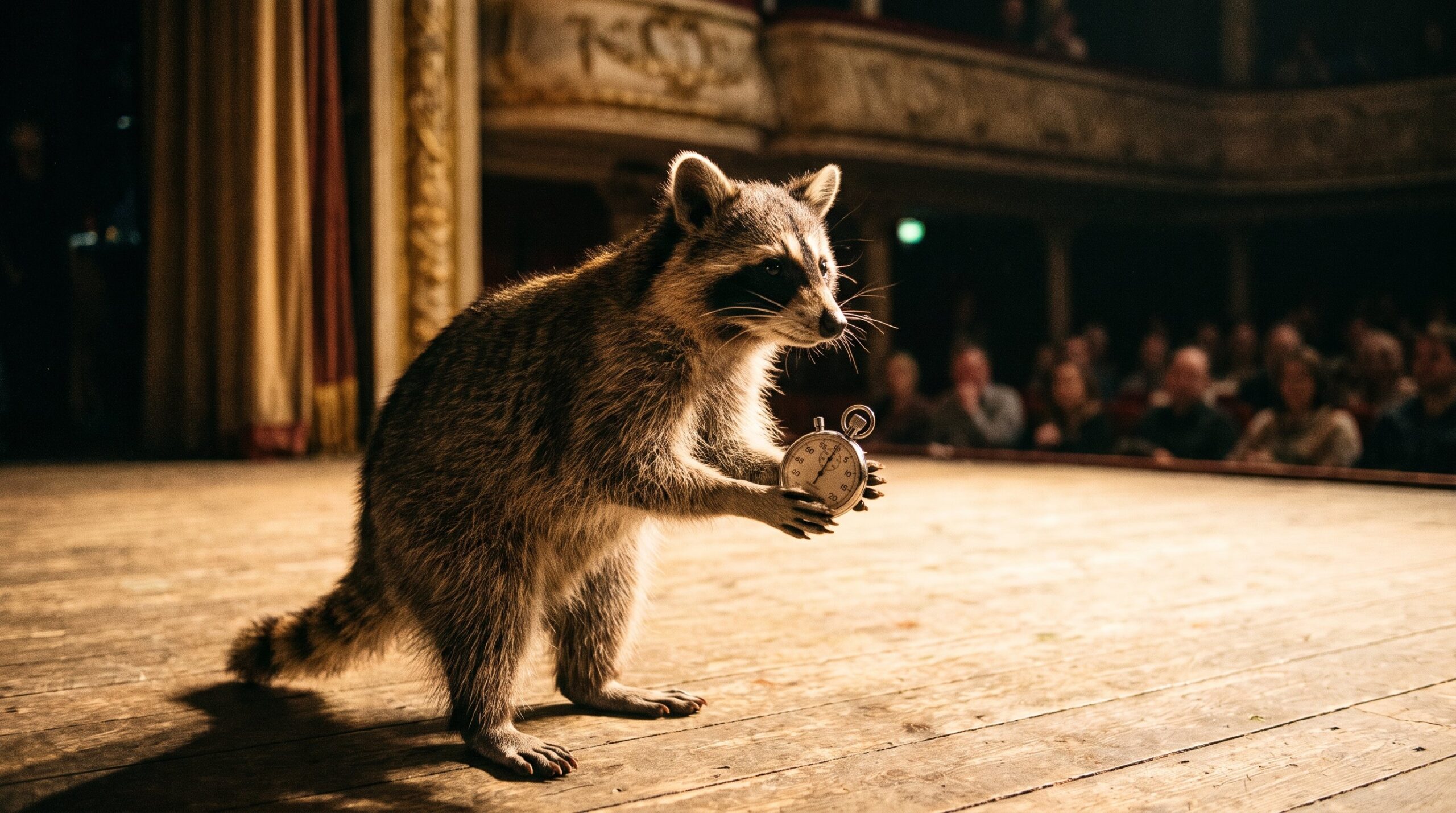 Waschbär auf der Bühne hält eine kleine Stoppuhr in der Pfote