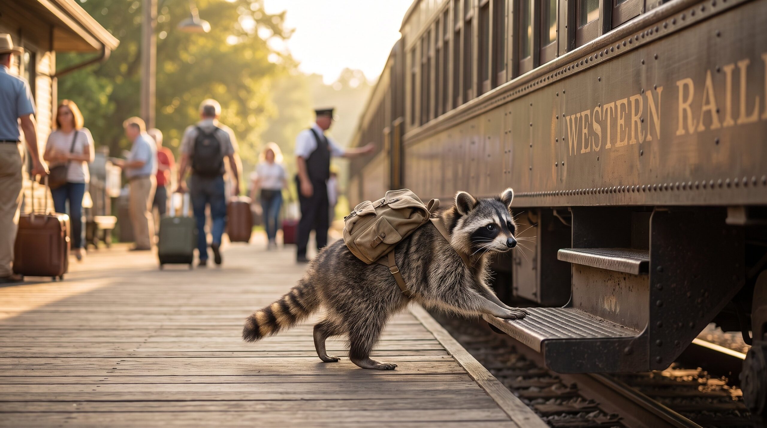 Waschbär mit kleinem Rucksack steigt voller Vorfreude in einen Zug