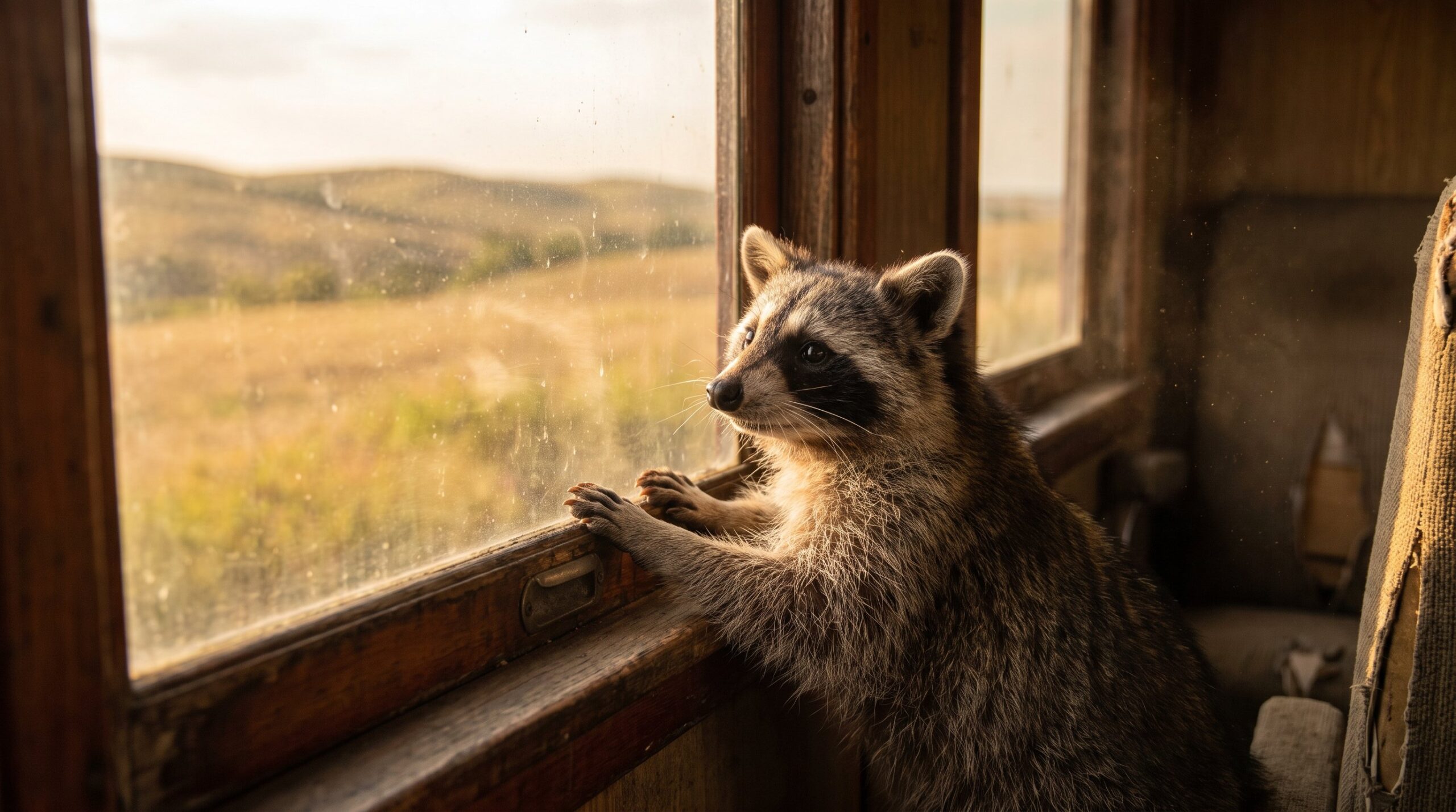 Waschbär schaut aus dem Zugfenster auf eine weite Landschaft, Fernweh