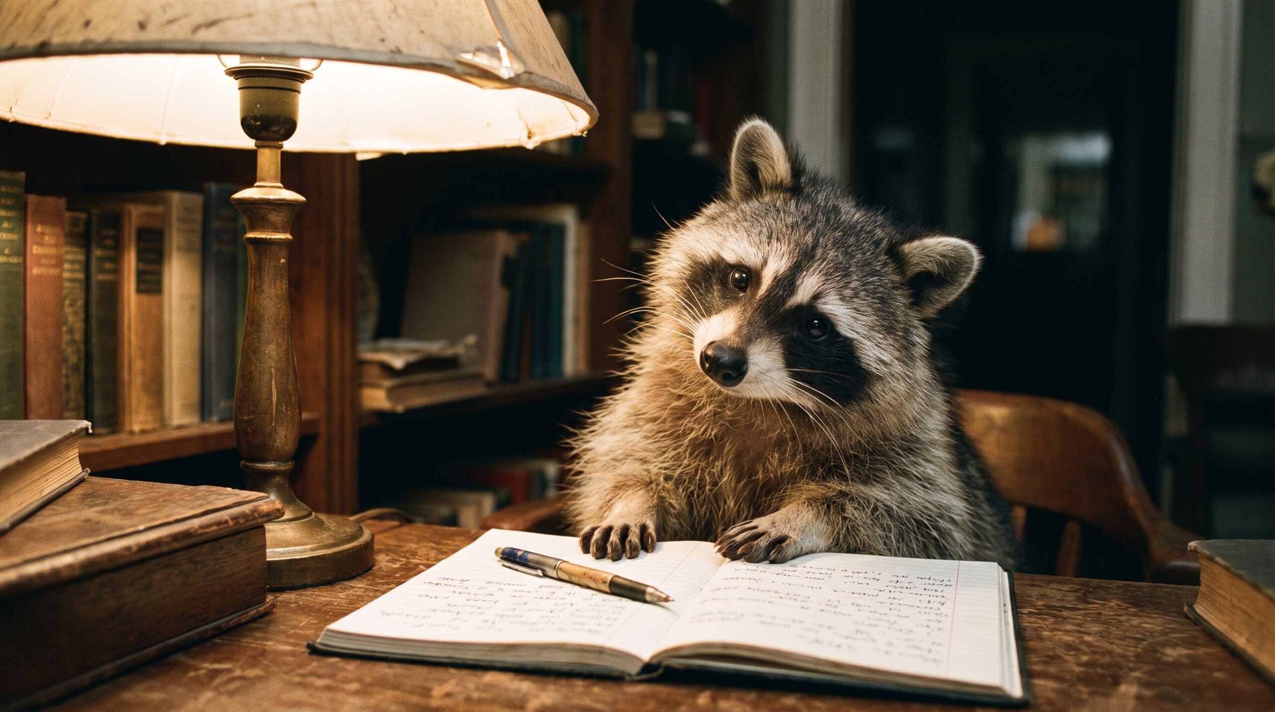 Waschbär am Schreibtisch, nachdenklich den Kopf geneigt