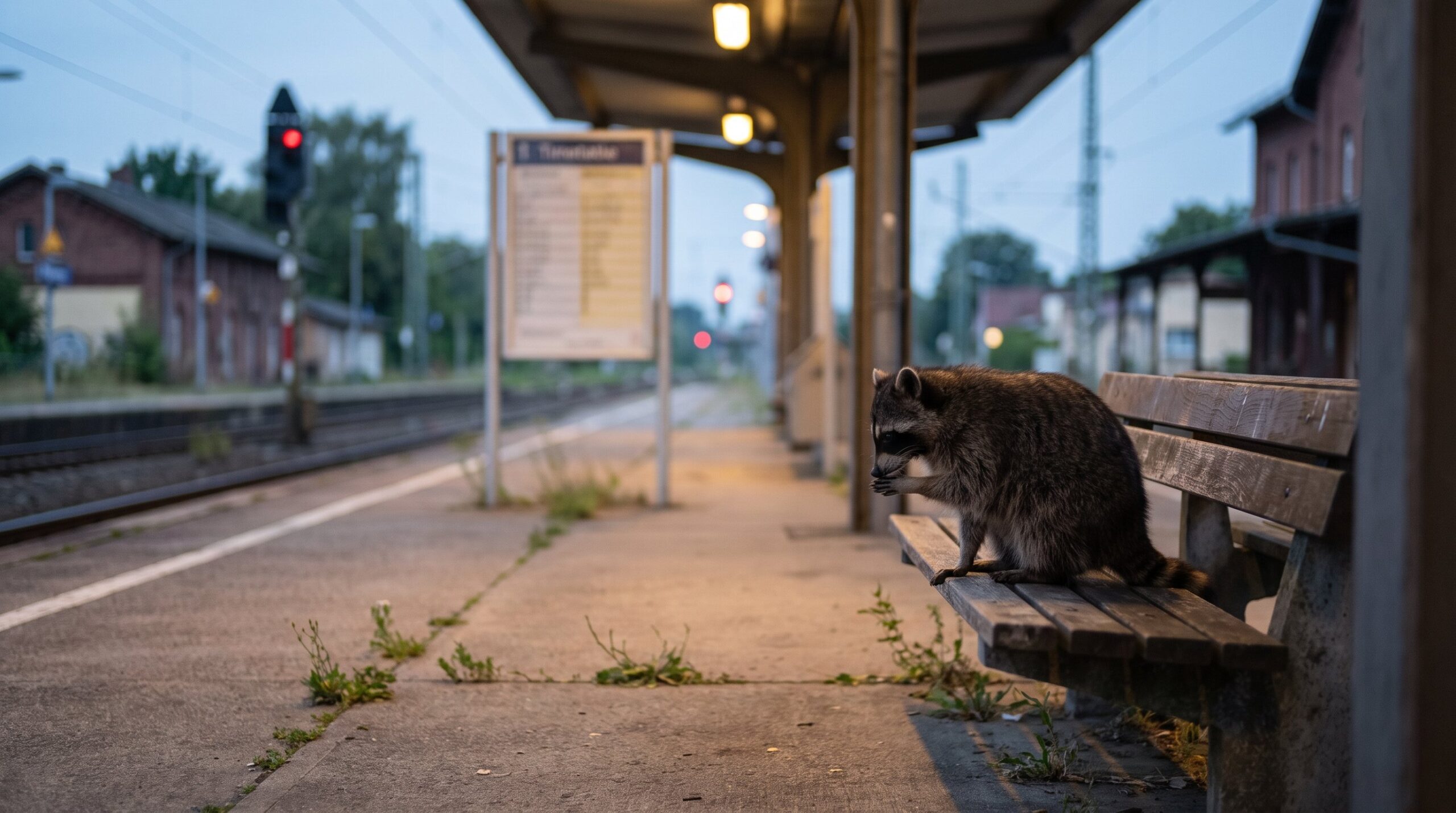 Waschbär sitzt mit gesenktem Kopf allein auf einer Bank am leeren Bahnsteig