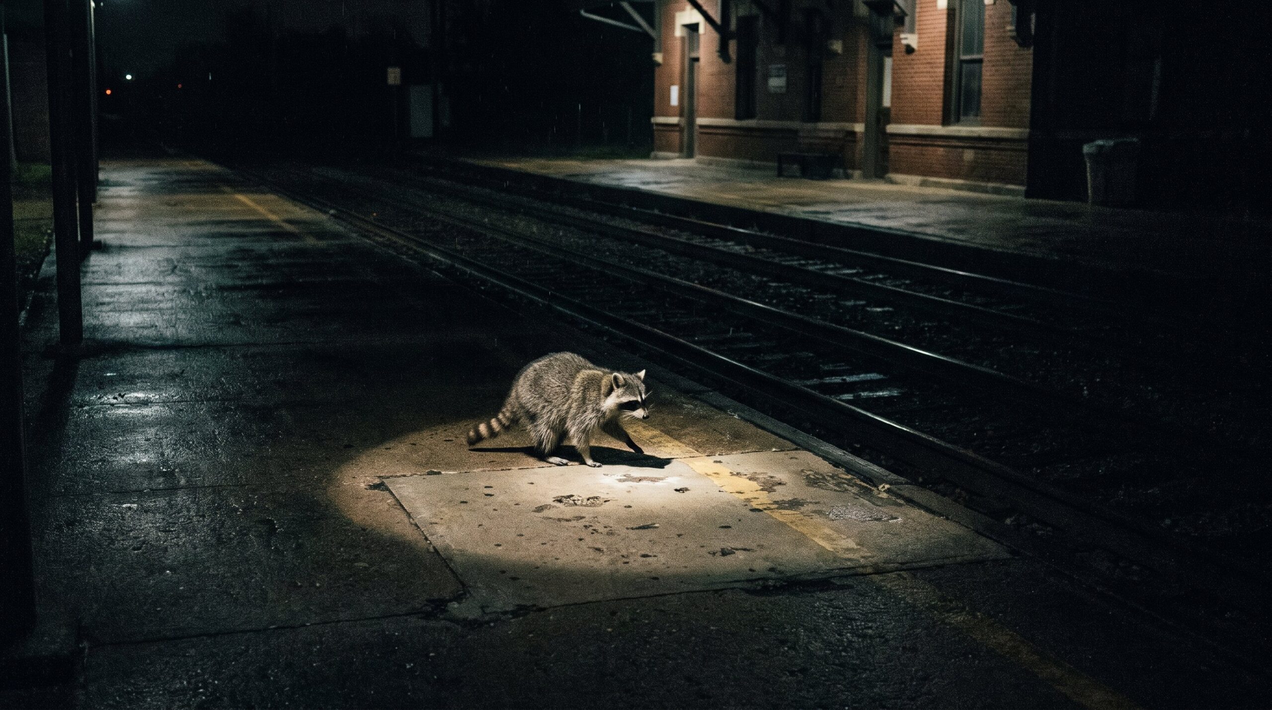 Waschbär tritt zögernd in einen Lichtkegel auf dem nächtlichen Bahnsteig