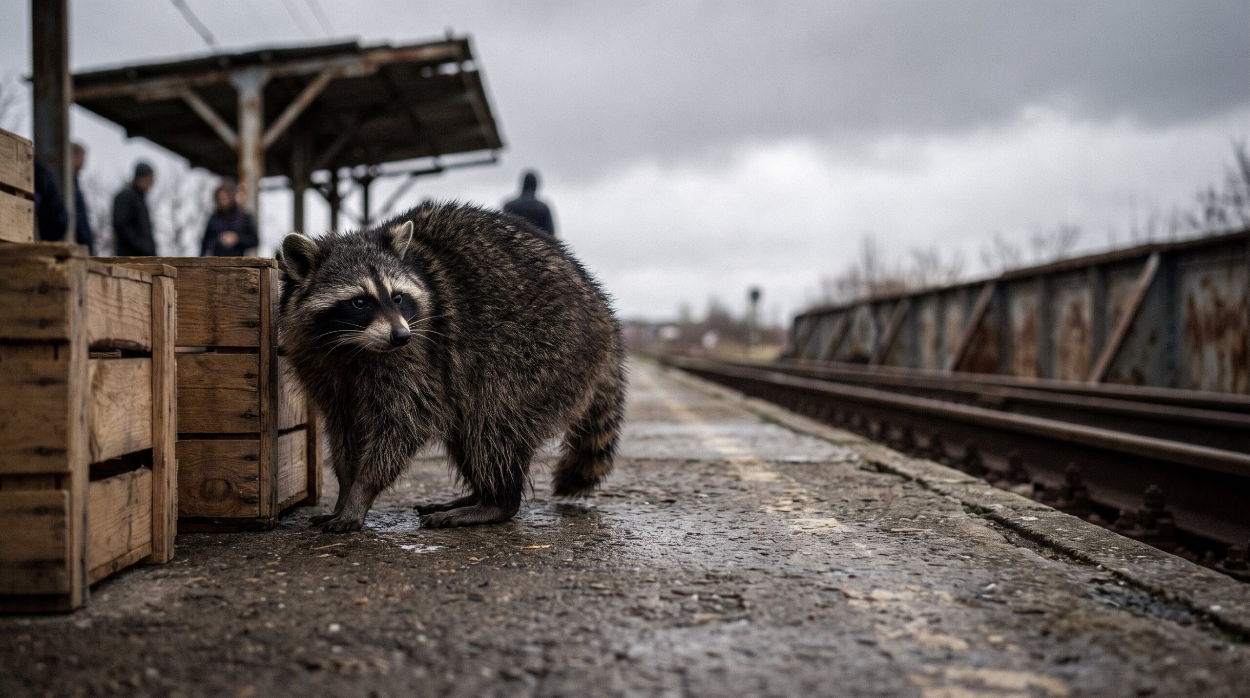 Waschbär blickt auf dem Bahnsteig schuldbewusst über die Schulter