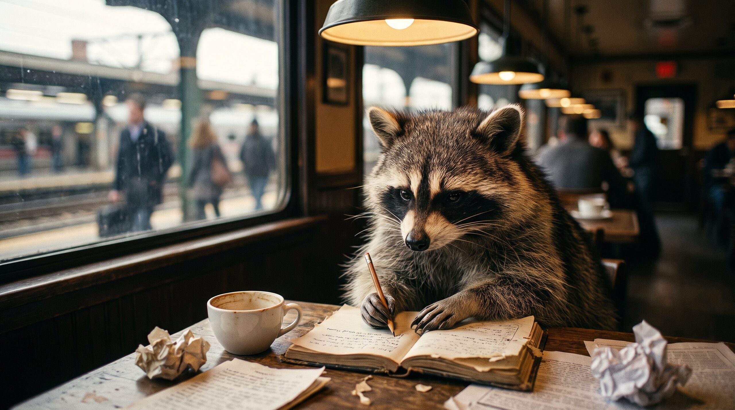 Waschbär schreibt am Cafétisch des Bahnhofs in ein abgegriffenes Notizbuch