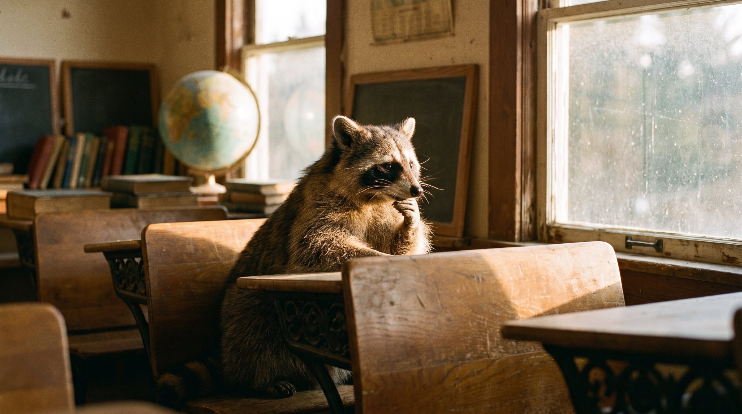 Waschbär sitzt nachdenklich an einer alten Schulbank