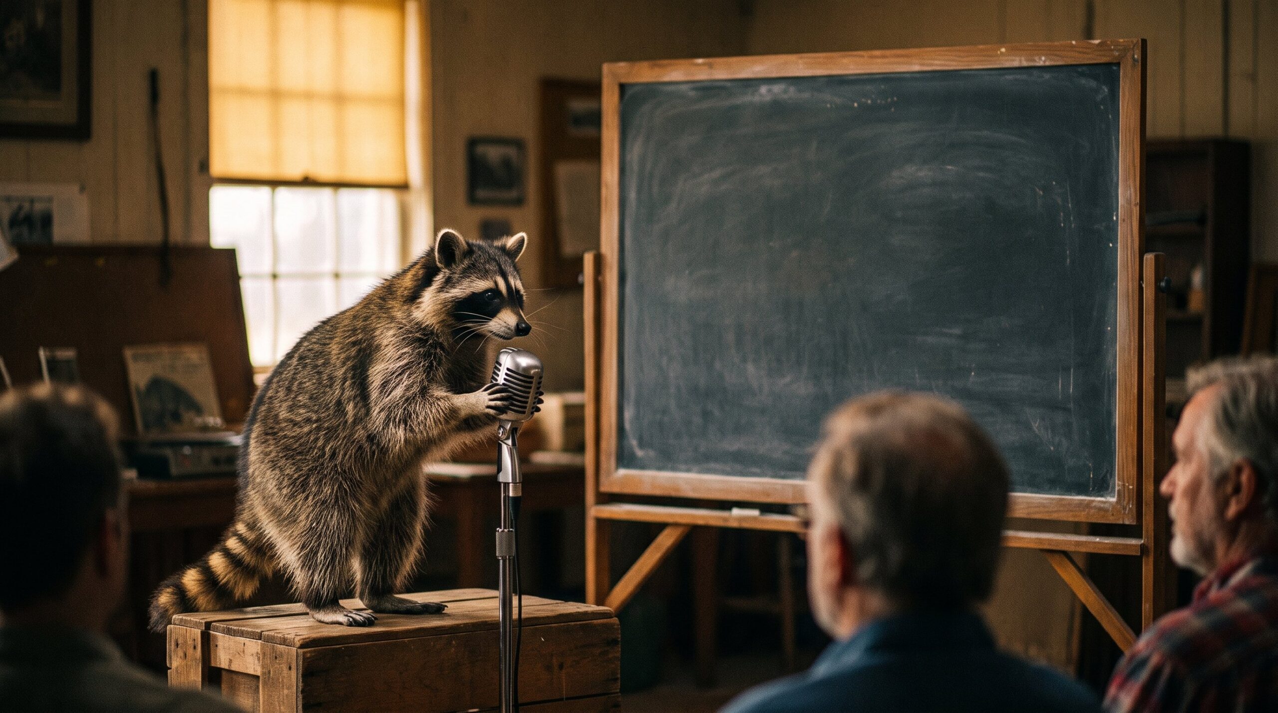 Waschbär am Mikrofon vor einer Tafel, erinnert sich an die Schulzeit