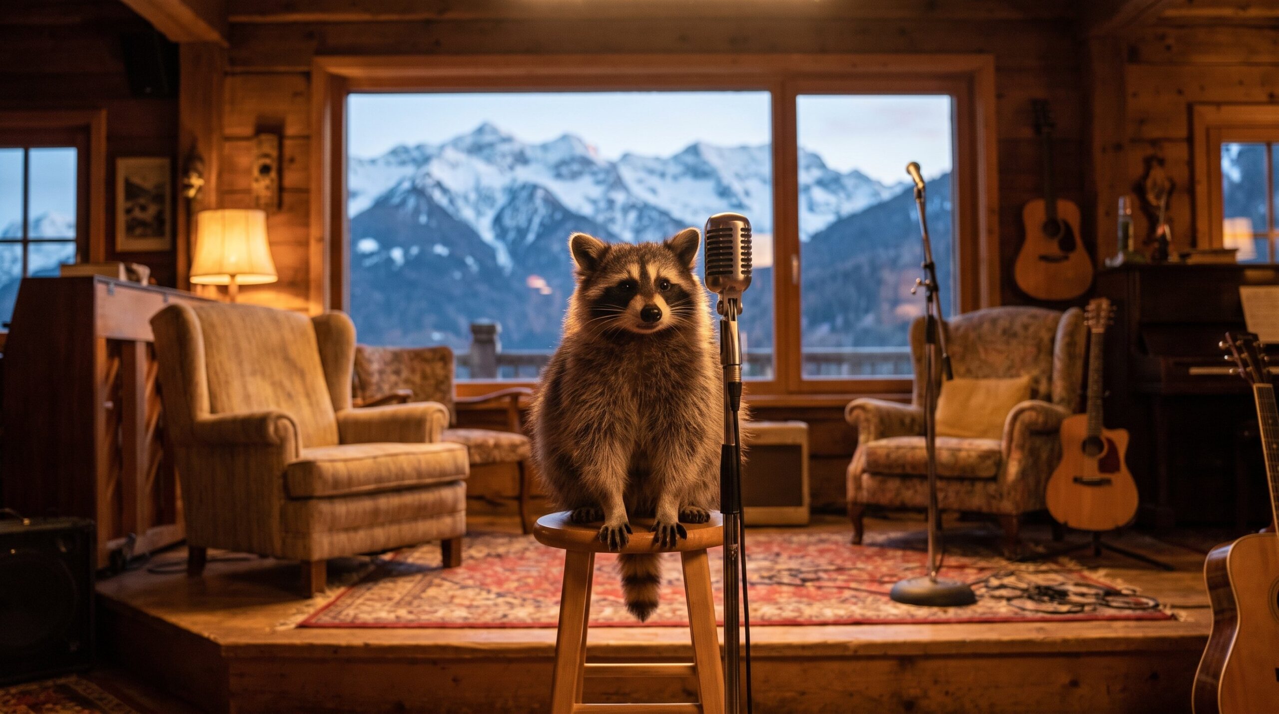 Waschbär am Mikrofon mit verschneiten Alpen durchs Fenster