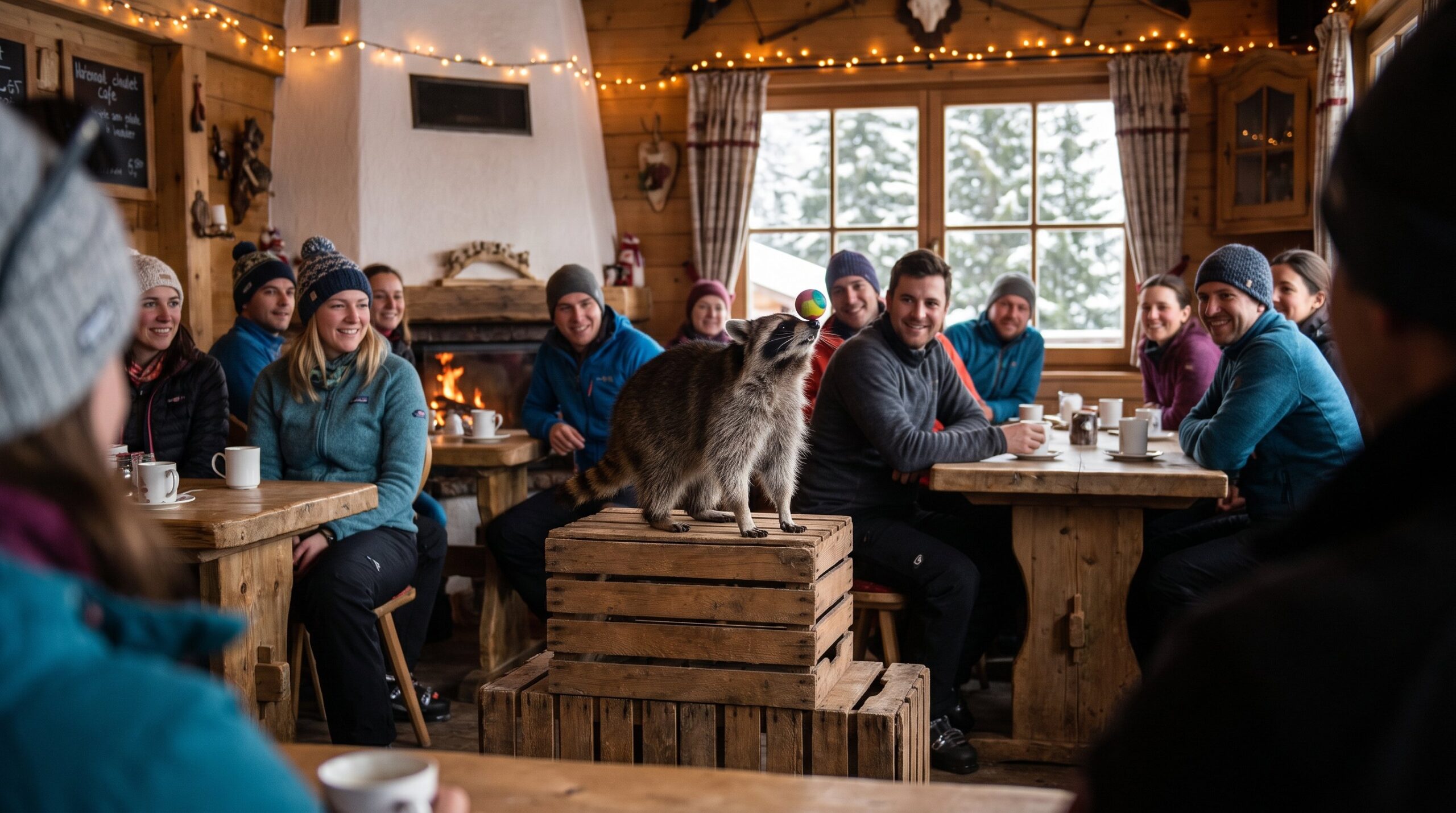 Waschbär in einer gemütlichen Alpen-Chalet-Café-Bühne