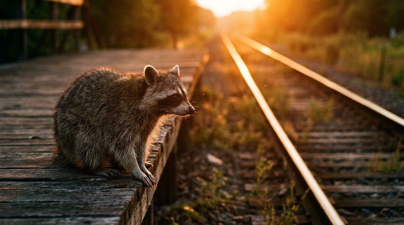 Waschbär blickt sehnsüchtig den Gleisen bis zum Horizont nach