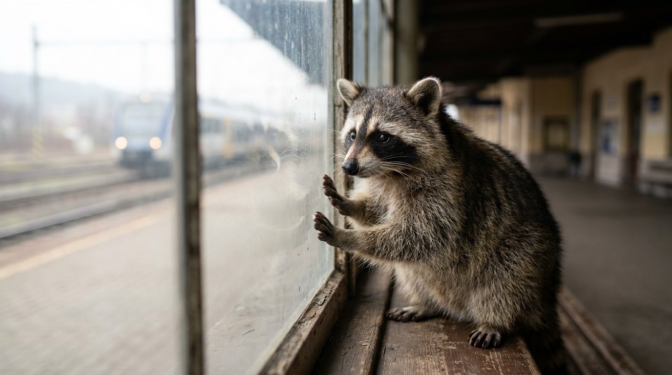 Waschbär am Bahnhofsfenster schaut einem fahrenden Zug nach