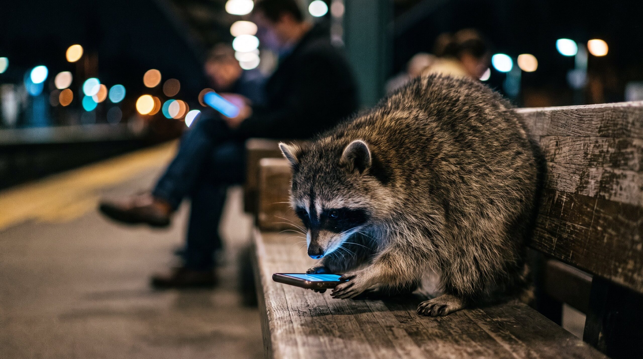 Waschbär sitzt nachts auf einer Bank, das Gesicht kalt vom Handy-Bildschirm beleuchtet