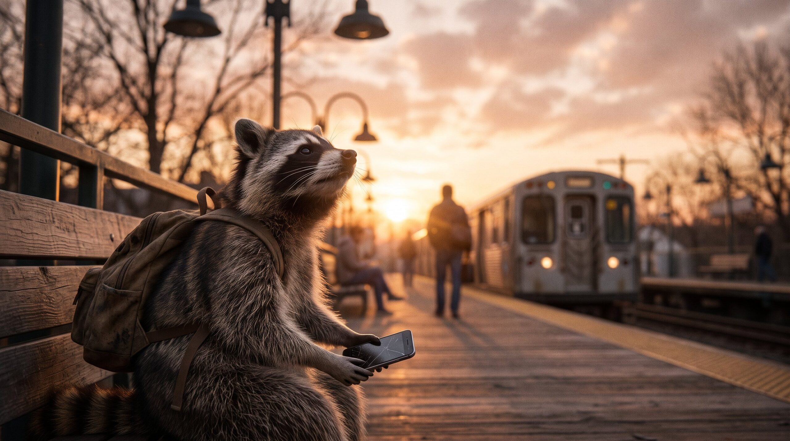Waschbär senkt das Handy und schaut vom Bahnsteig in den offenen Abendhimmel