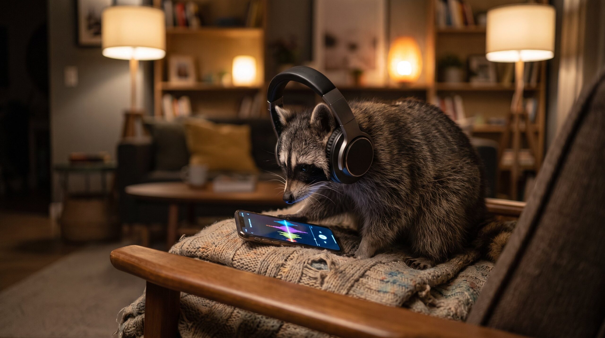 Waschbär mit Kopfhörern schaut auf Handy mit Schallwellen