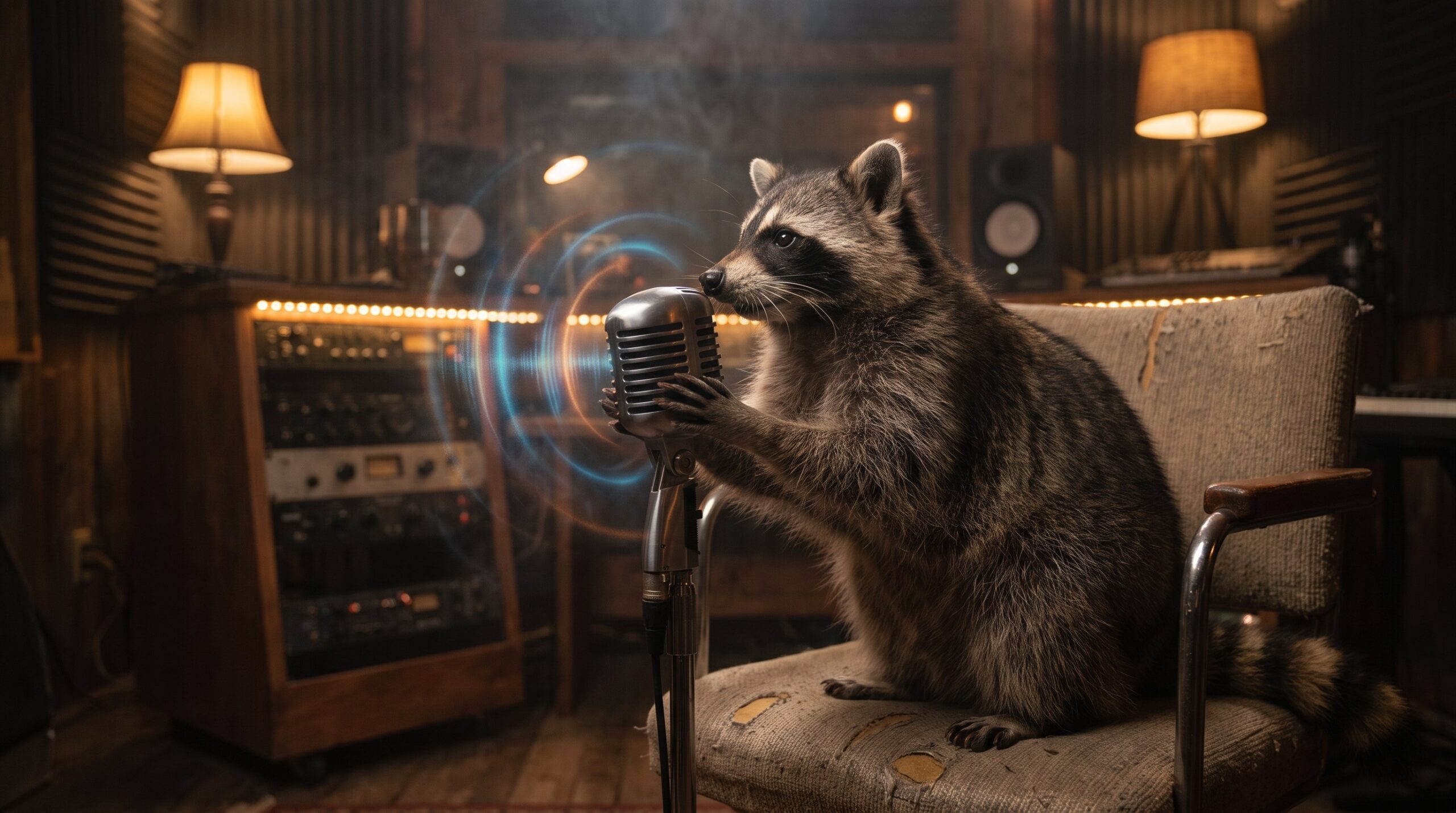 Waschbär am Mikrofon, umgeben von leuchtenden Schallwellen