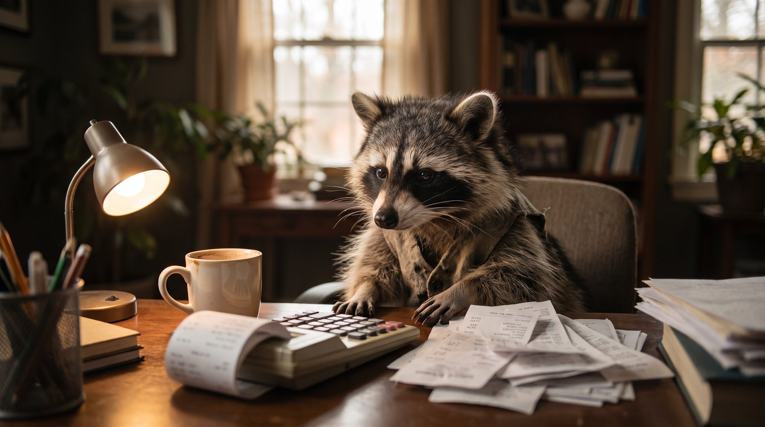 Waschbär am Schreibtisch mit Taschenrechner, Belegen und Kaffee
