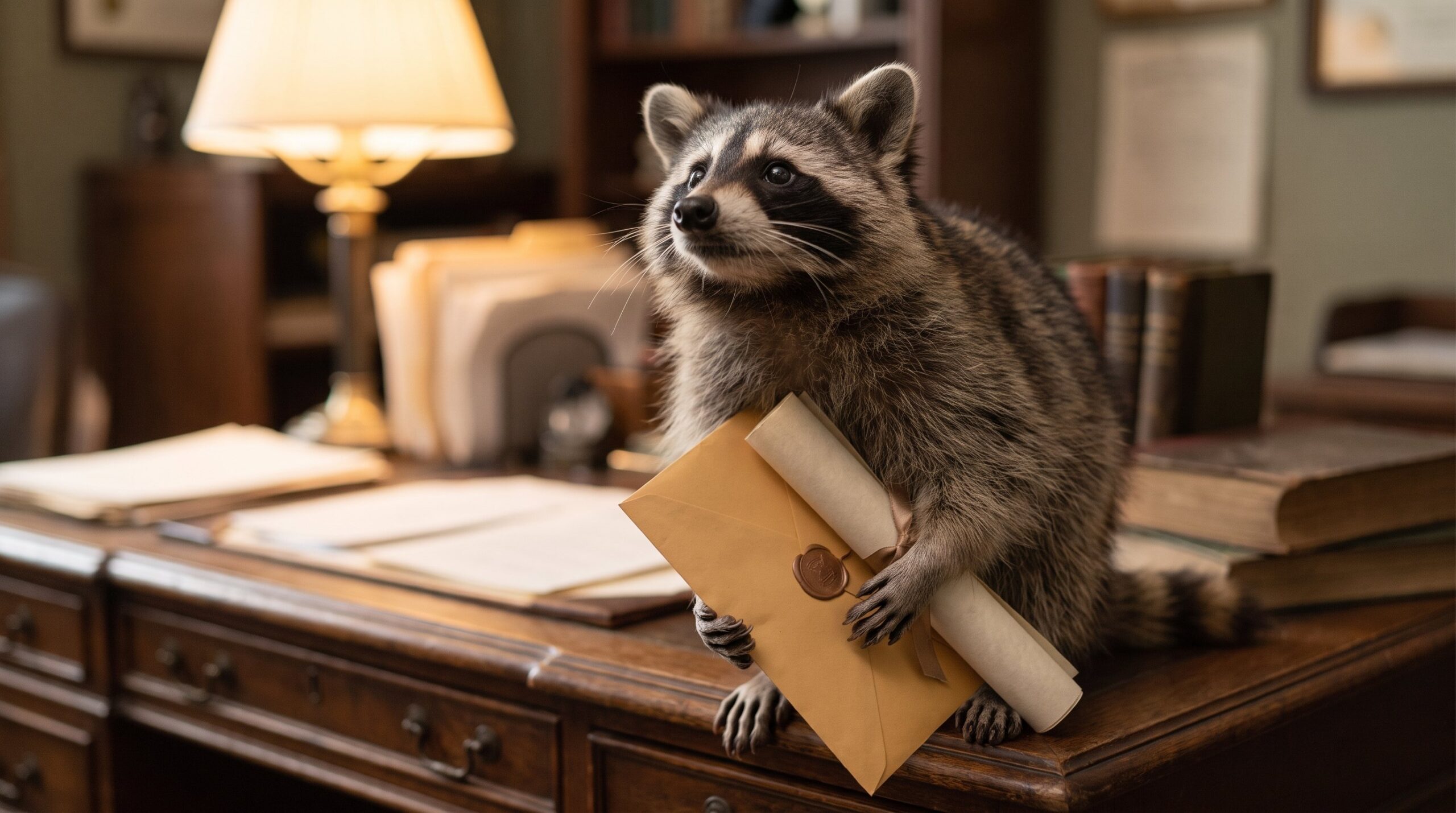 Waschbär hält Umschlag und Urkunde, hoffnungsvoll