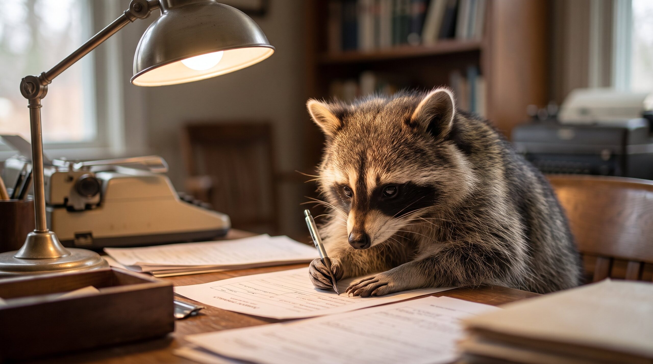 Waschbär füllt am Schreibtisch ein Formular aus