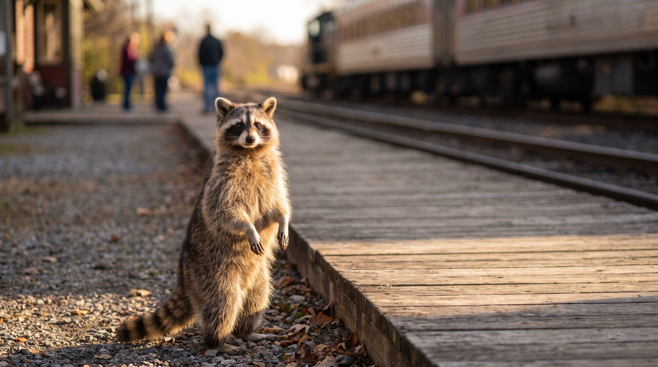 Waschbär steht aufrecht und selbstbewusst auf dem Bahnsteig, die Brust heraus