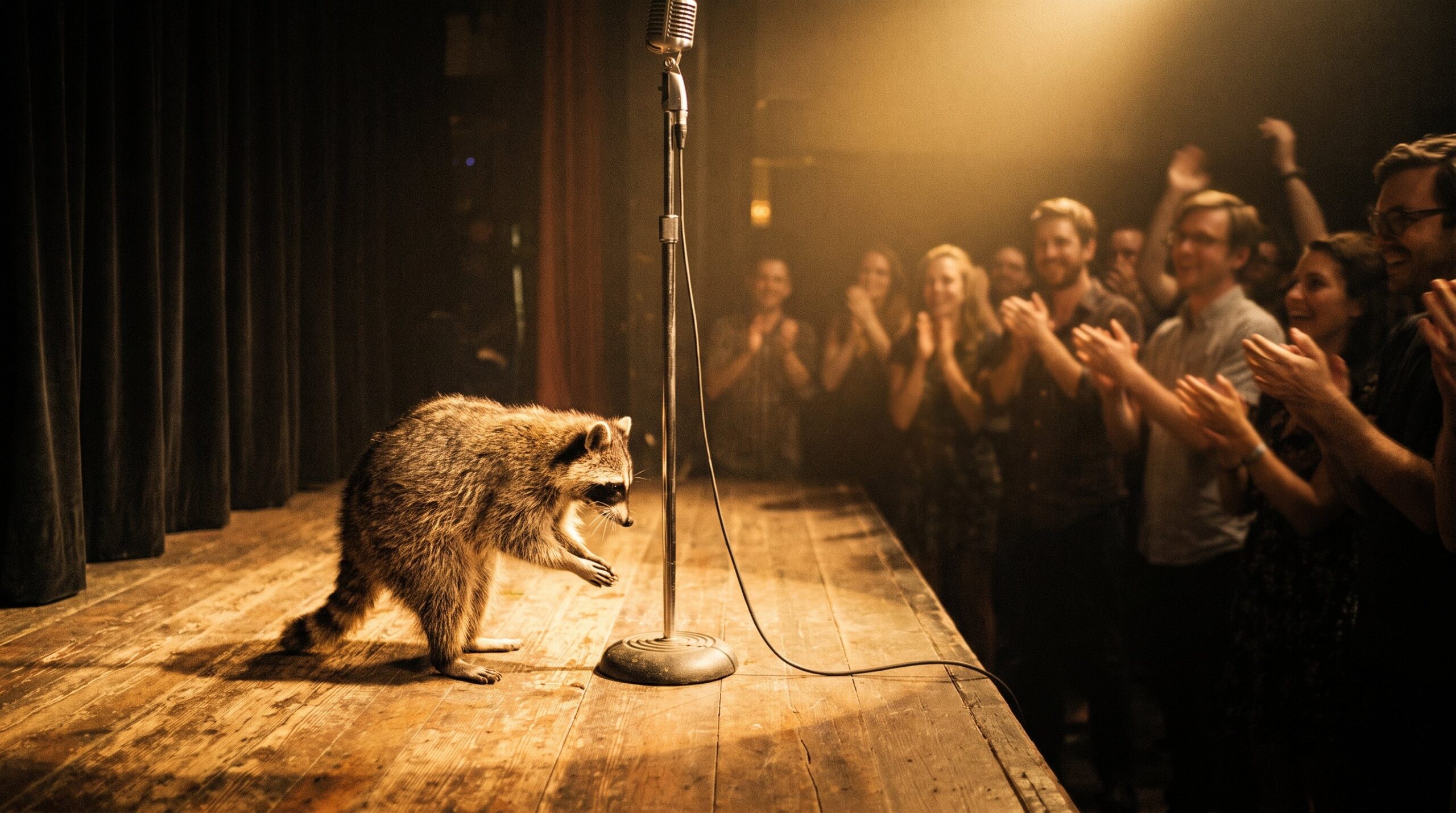 Waschbär verbeugt sich auf einer kleinen Bühne neben einem Mikrofon