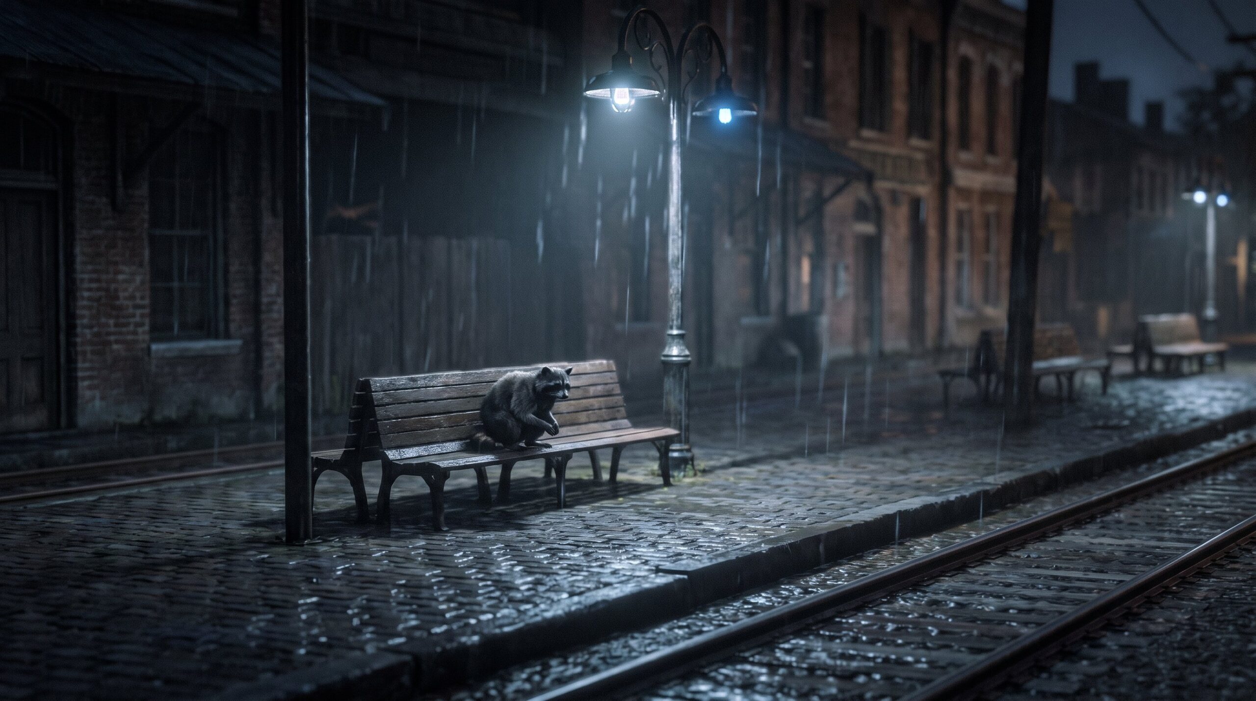 Einzelner Waschbär sitzt im Schatten unter einer flackernden Bahnhofslampe bei Nacht