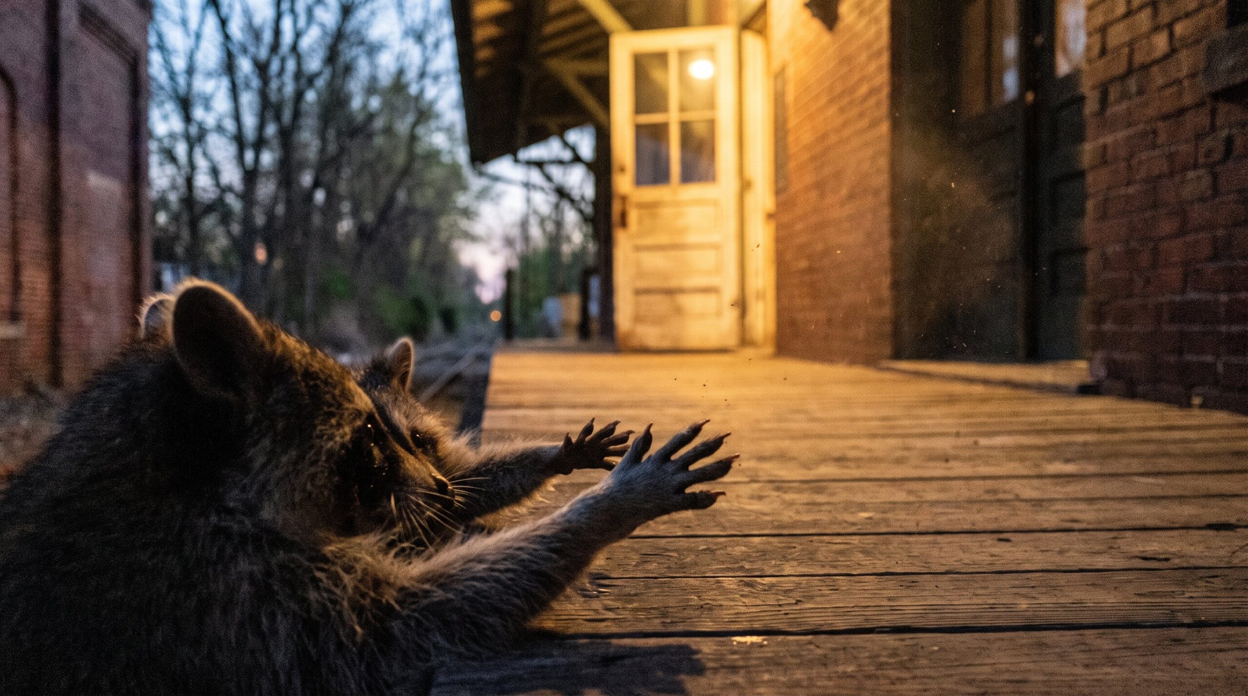 Waschbär streckt sich am Ende eines dunklen Bahnsteigs einer warm erleuchteten Tür entgegen
