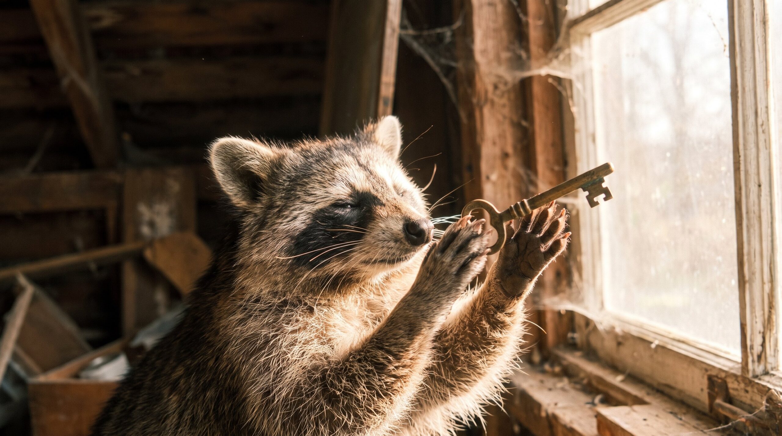 Waschbär hält einen alten Messingschlüssel ins Licht