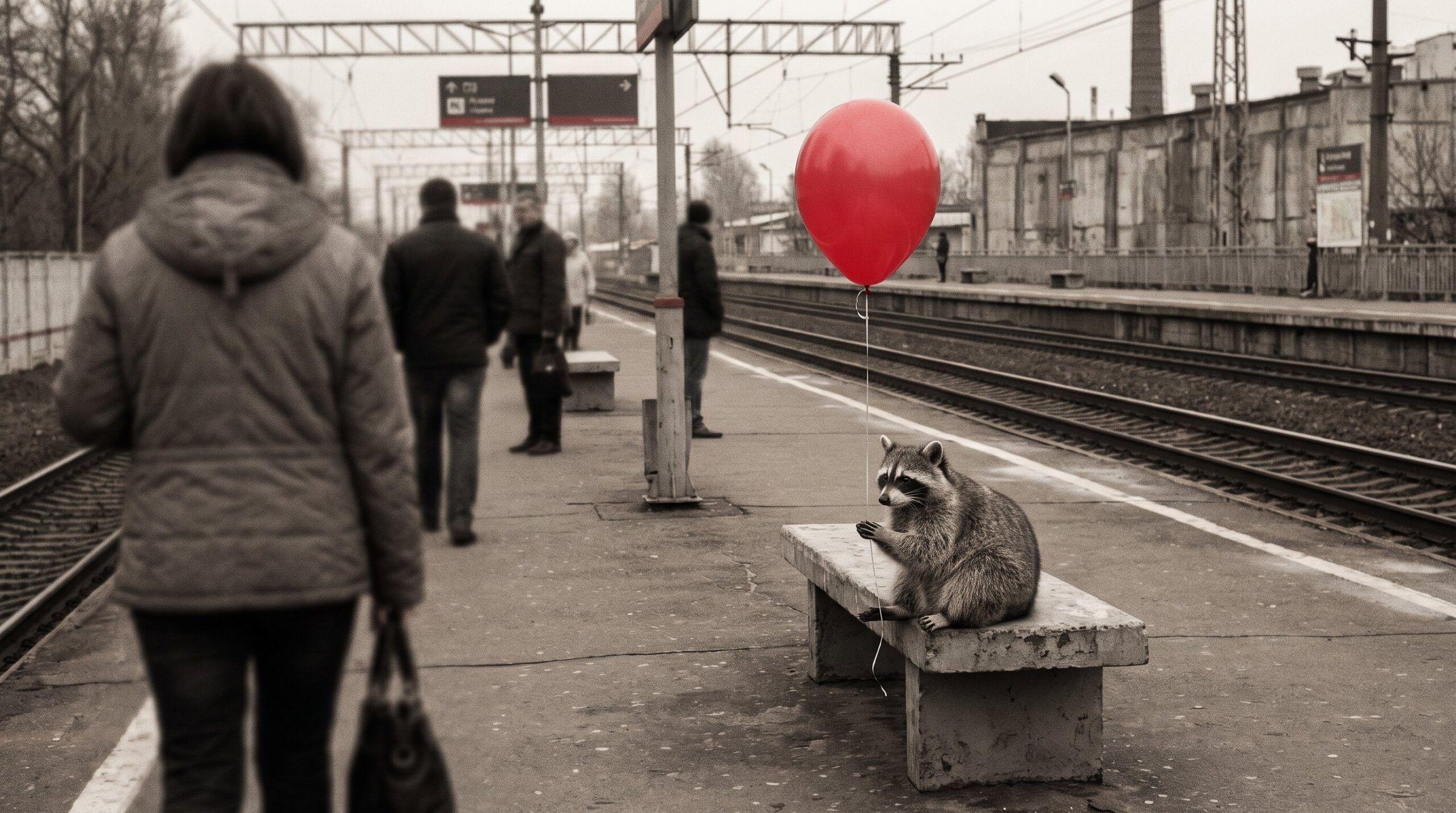 Waschbär auf grauem Bahnsteig mit einem einzelnen roten Luftballon
