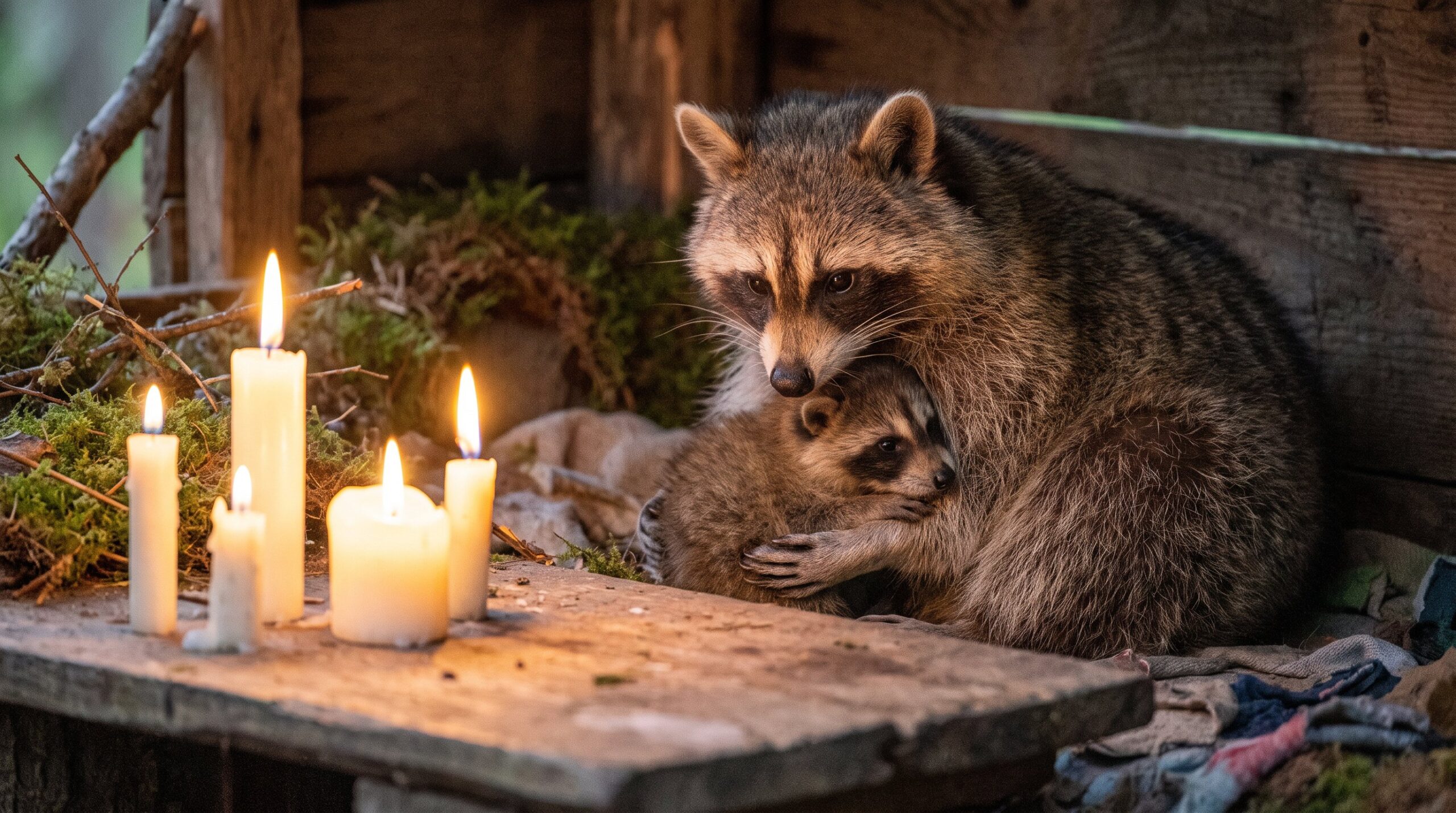 Waschbär hält behutsam ein winziges Waschbär-Baby bei Kerzenlicht