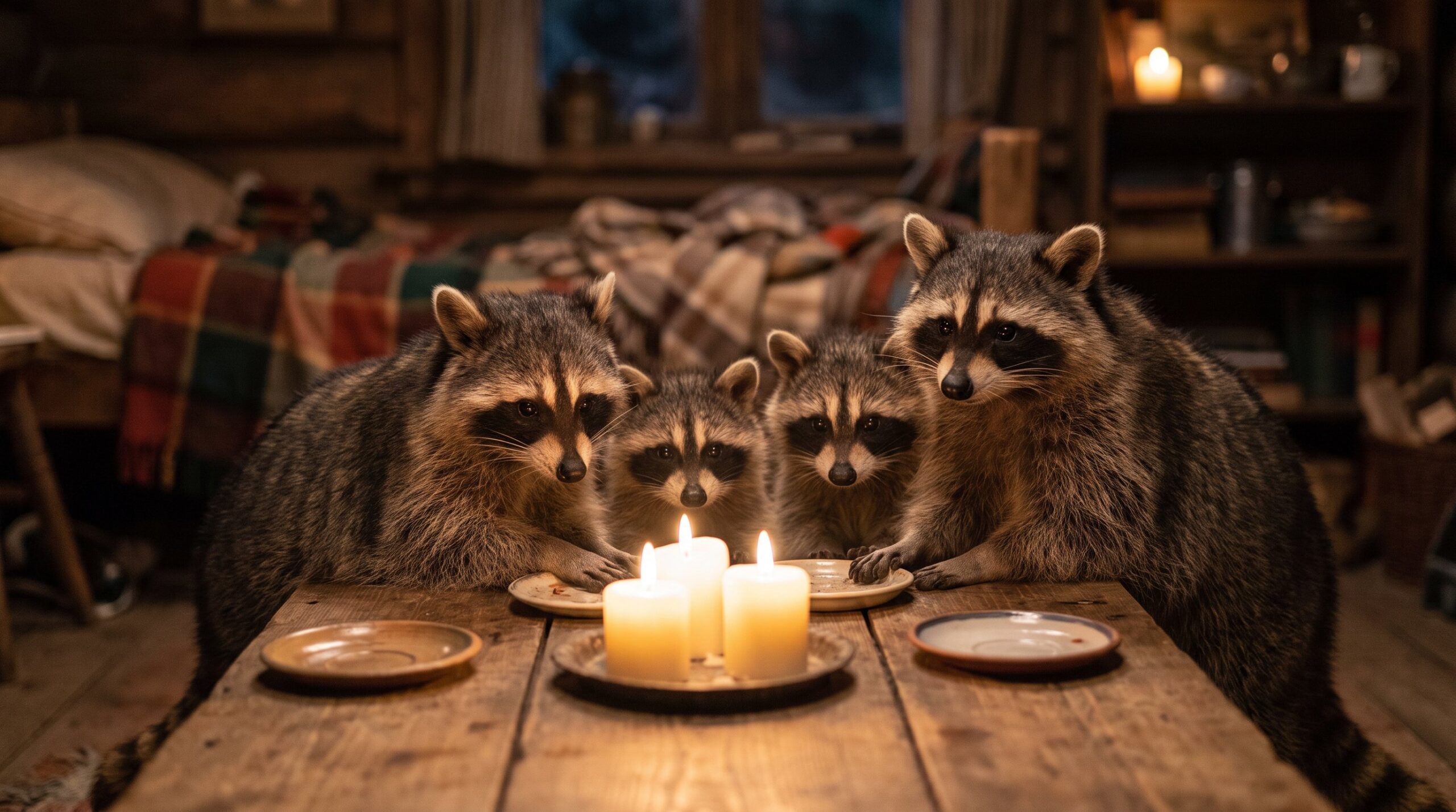 Warme Runde einer Waschbär-Familie um einen Tisch mit Kerzen