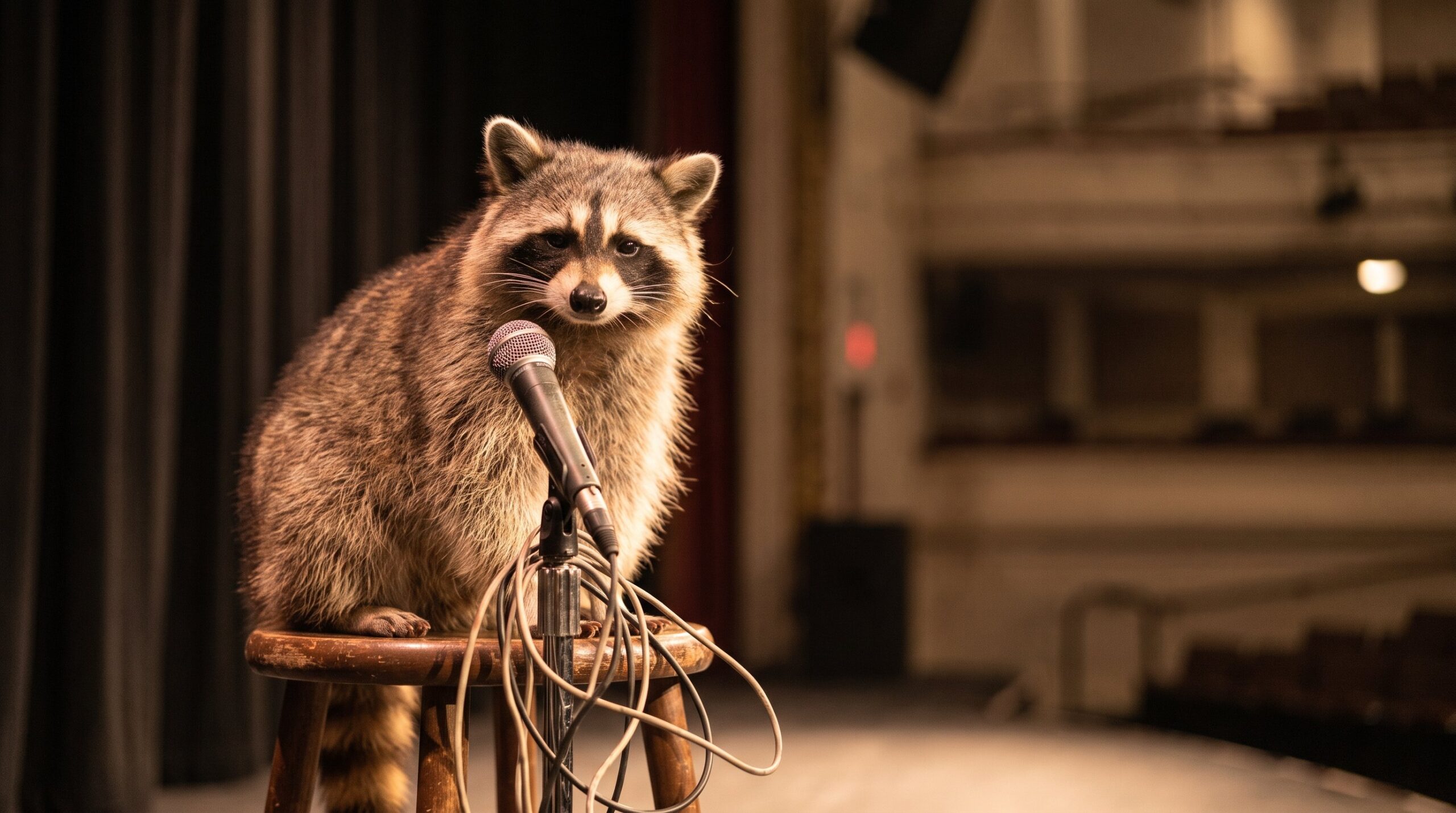 Waschbär an einem Mikrofon, das nicht funktioniert, bleibt gelassen
