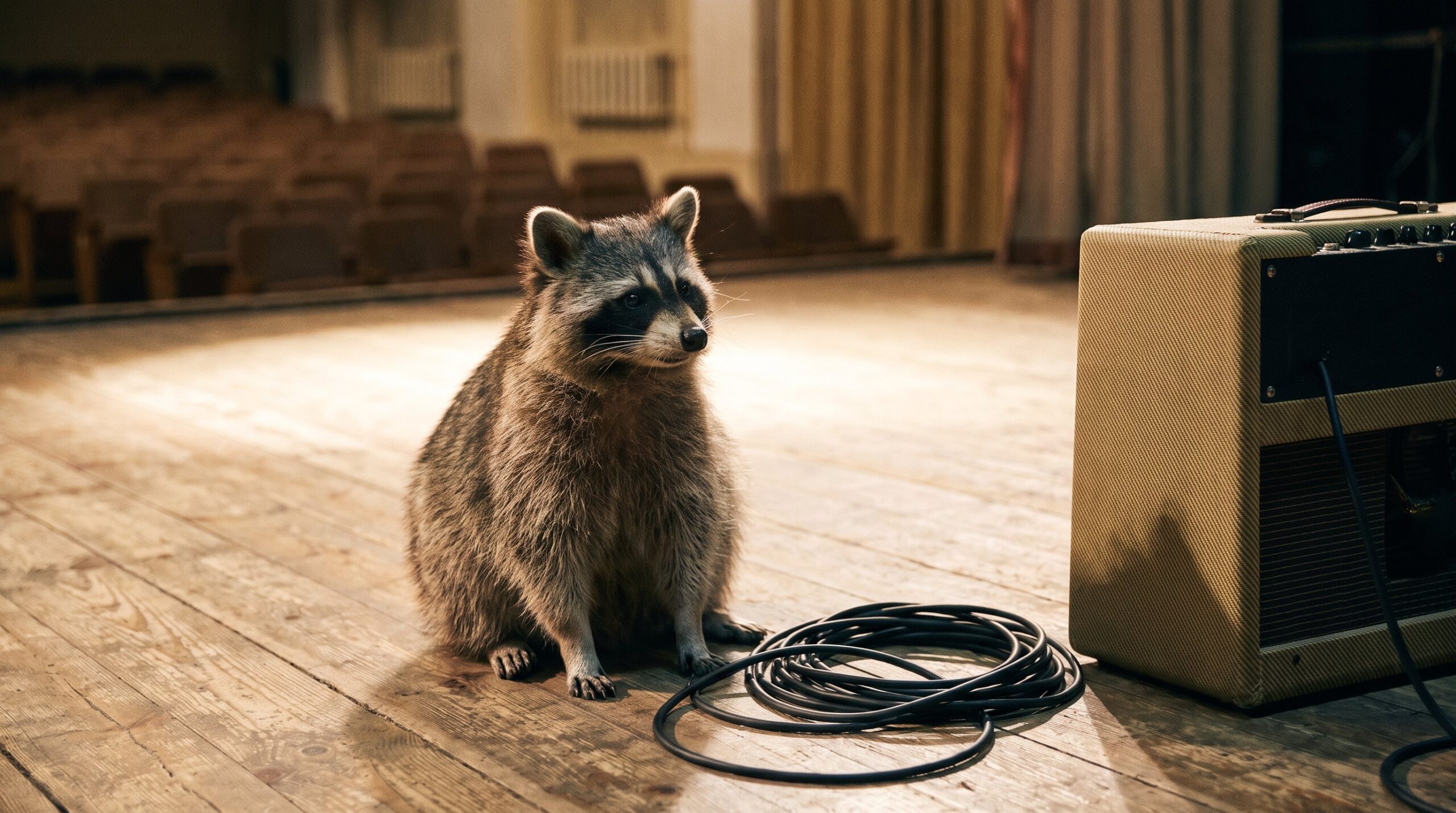 Waschbär wartet gelassen auf der Bühne neben Kabel und Verstärker