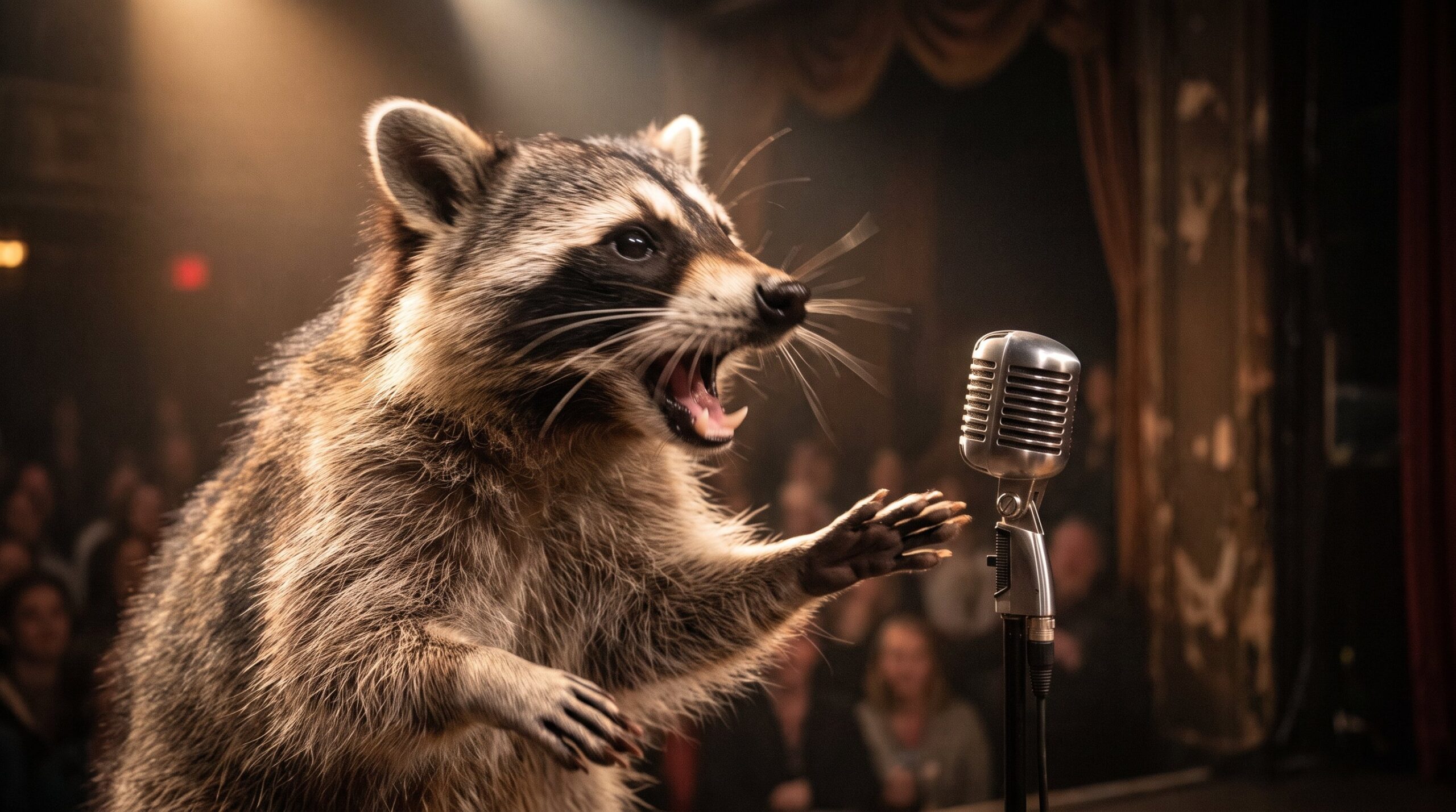 Waschbär am Mikrofon spricht mit Energie, leichte Bewegungsunschärfe