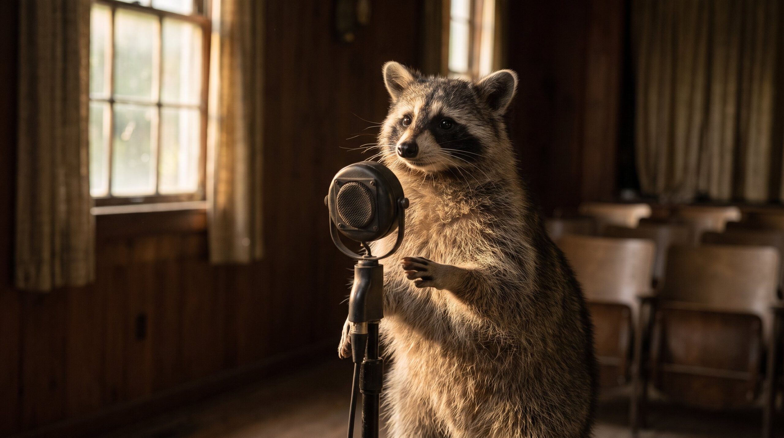 Waschbär steht ruhig am Mikrofon, eine Pfote leicht erhoben