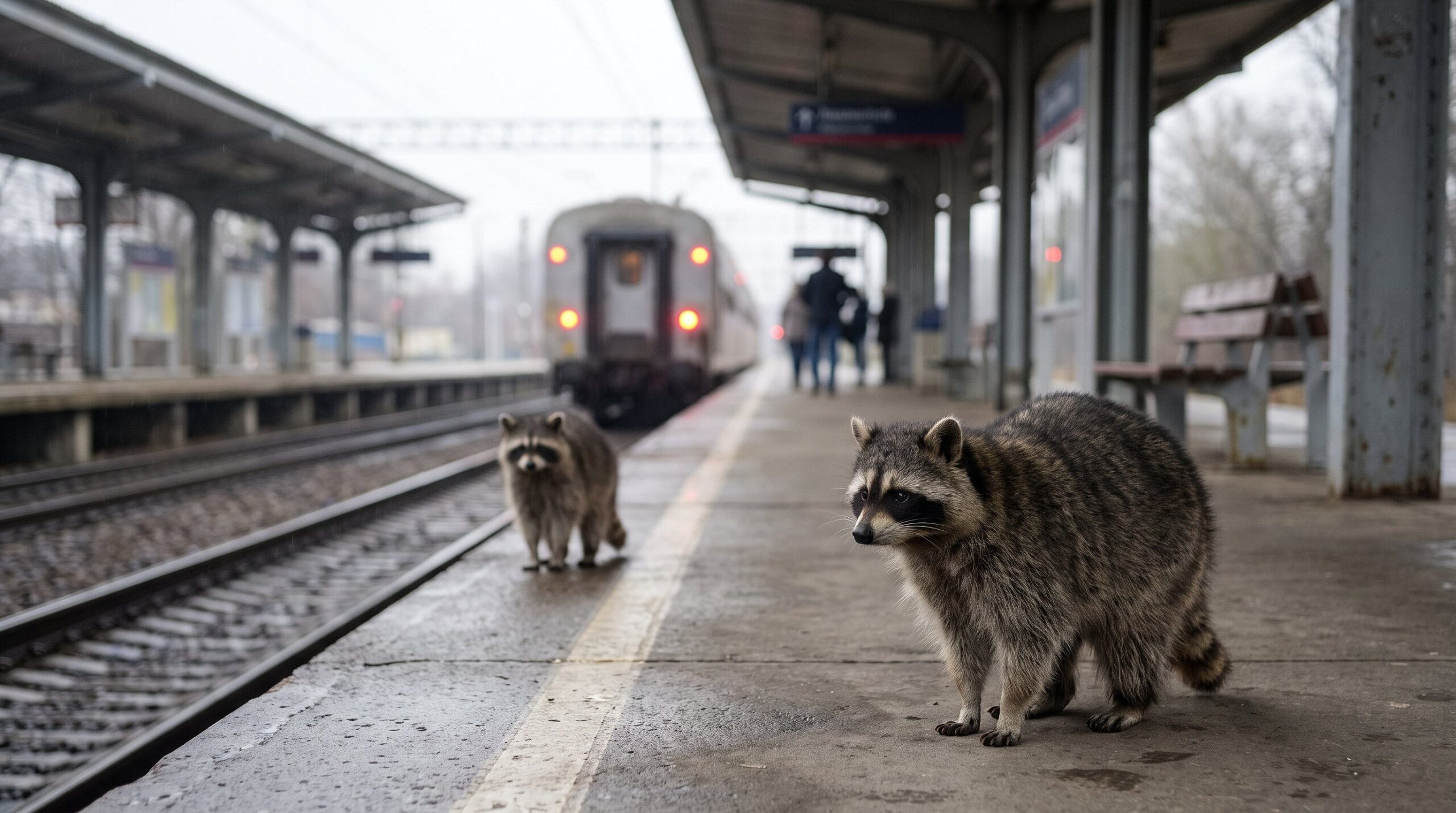 Zwei Waschbären stehen auf dem Bahnsteig voneinander abgewandt, einer blickt zum abfahrenden Zug
