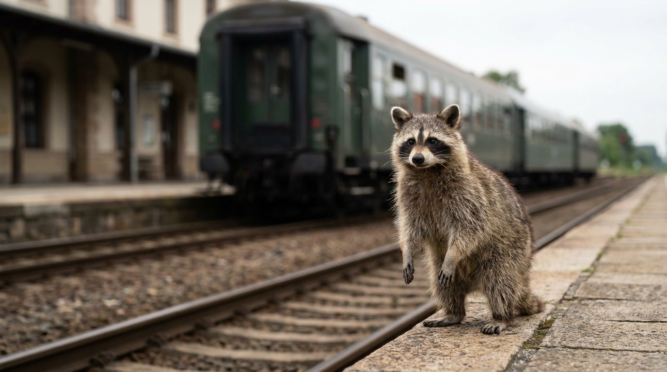 Ein realistischer Waschbär an einem Bahnsteig – Symbolbild zum Thema Mut