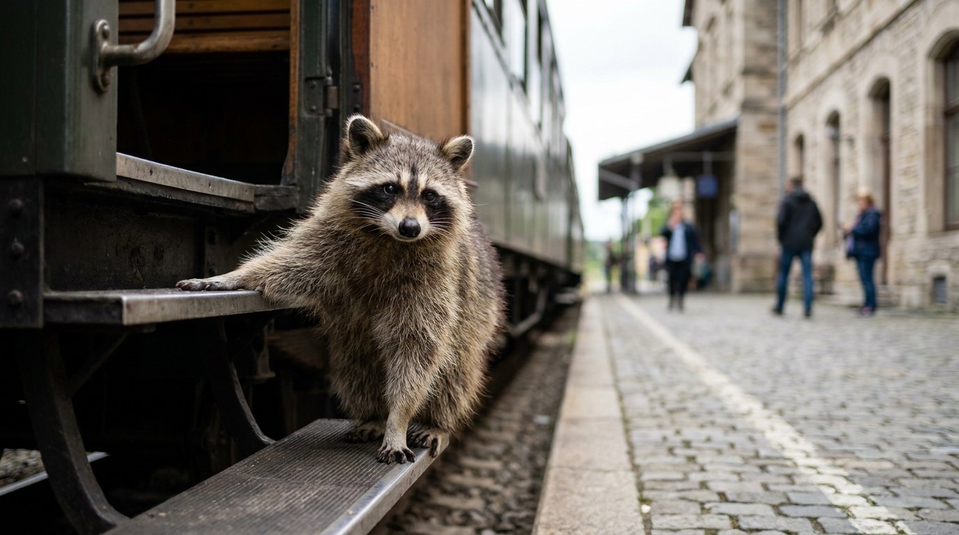 Ein Waschbär an einem Bahnhof – Symbolbild zum Schreiben über Mut